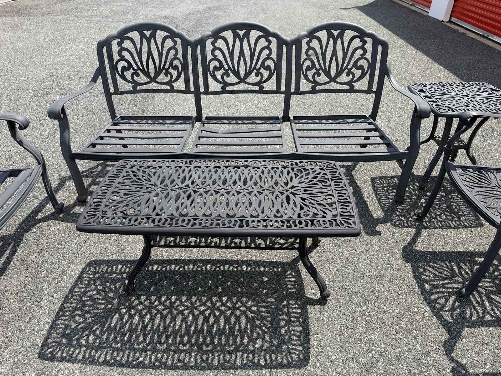Darlee Cast Conversation Set Bench, 2 Chairs, Coffee Table, Side Table ****