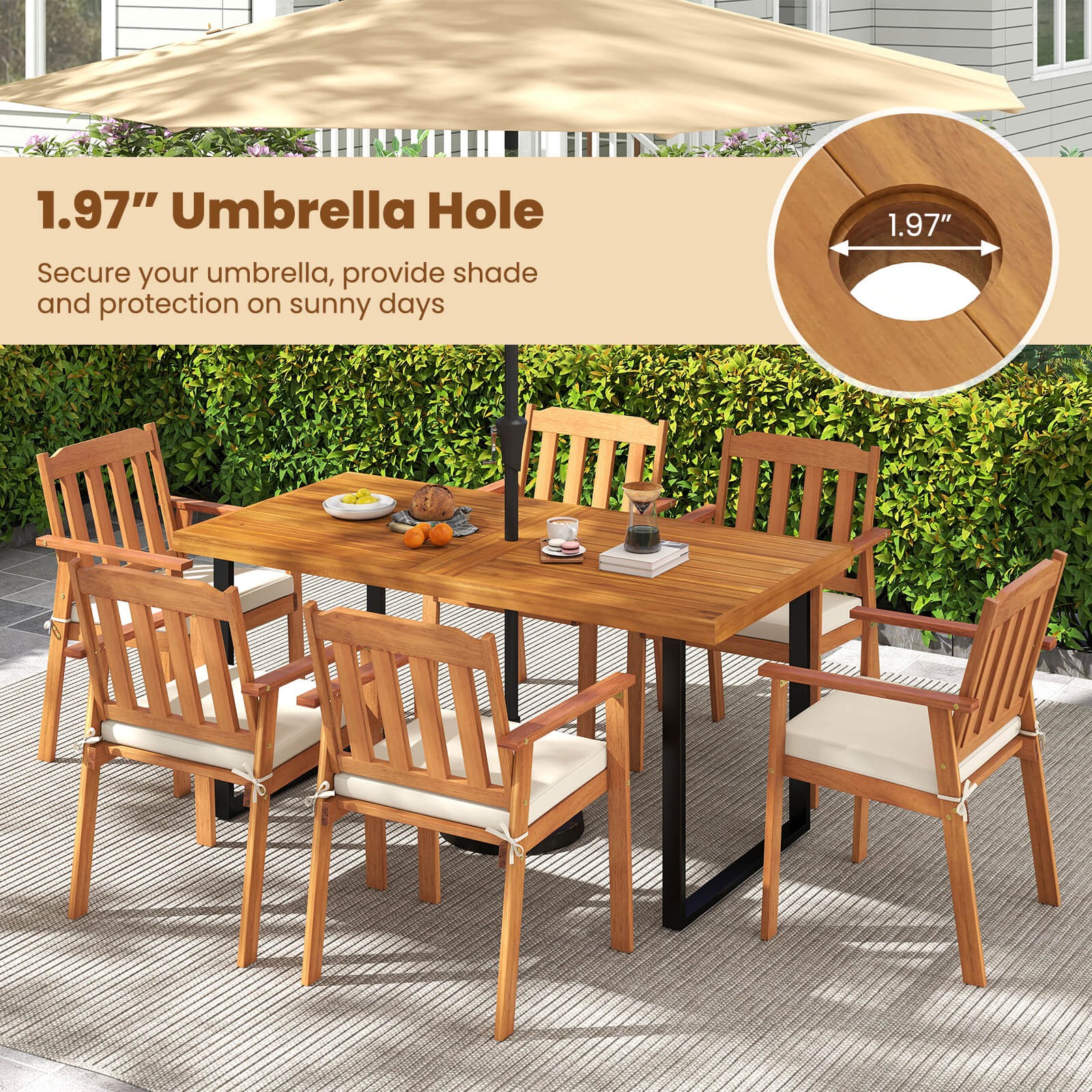 6PCS Patio Dining Table Set, Table w/4 Acacia Wood Armchairs & Backless Bench