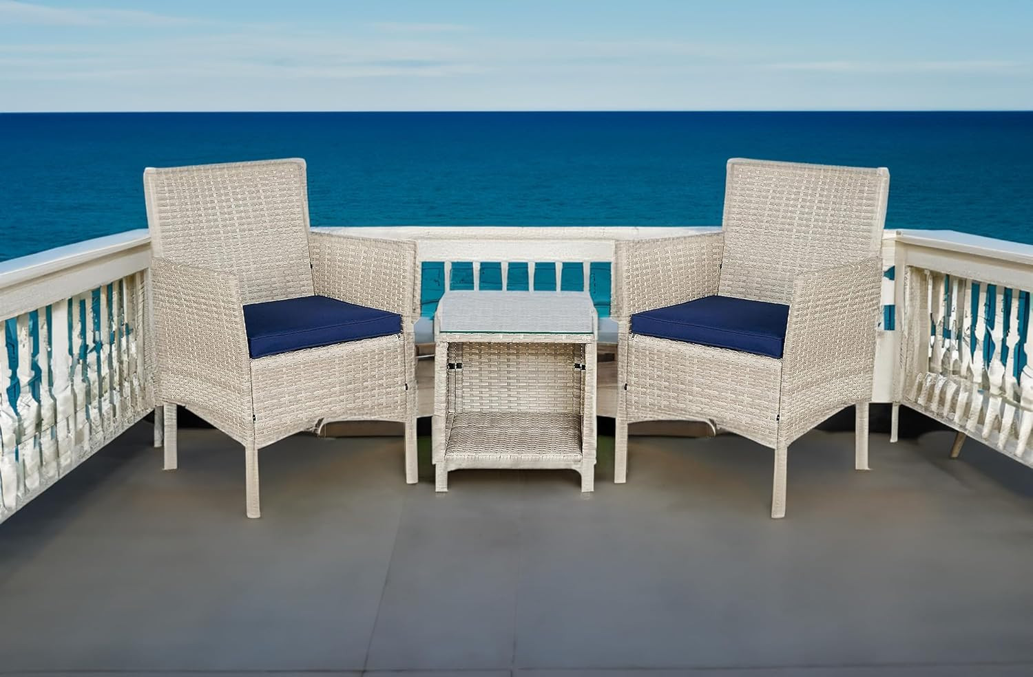 3-Piece Outdoor Wicker Bistro Set with Cushions & Storage – Gray/Navy Blue