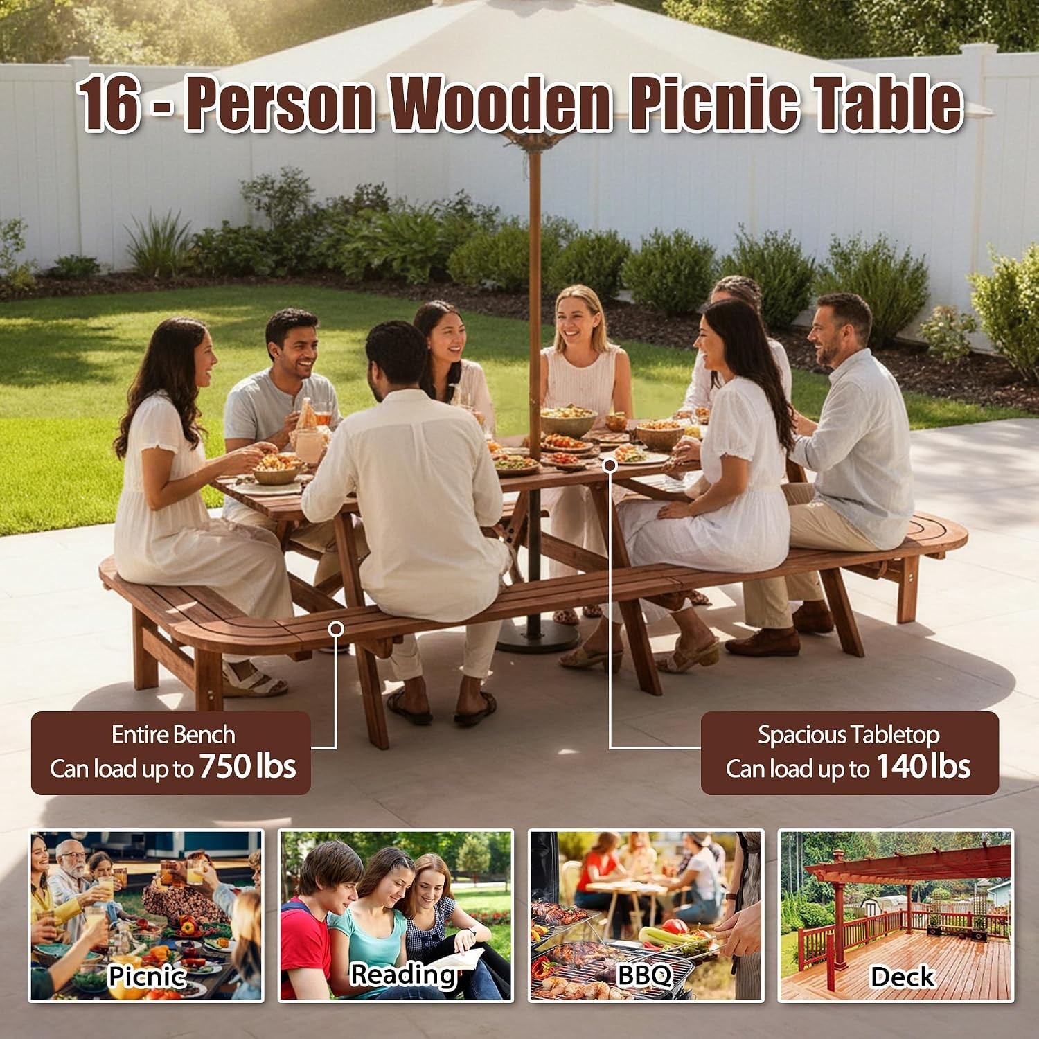 Picnic Table Bench Set 16 Persons 8FT Large Camping Table Wood Outdoor Dining