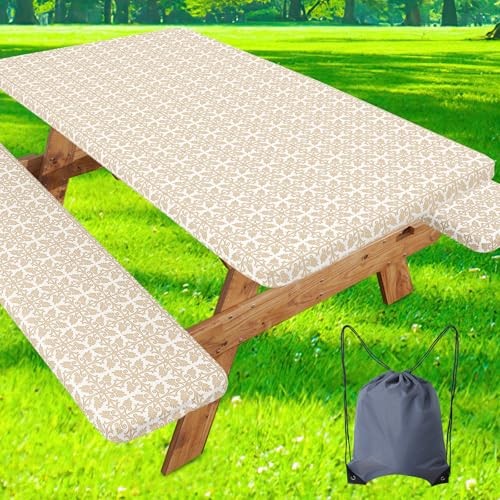 Picnic Table Cover with Bench Cover, Waterproof 30″ x 72″ Khaki and White