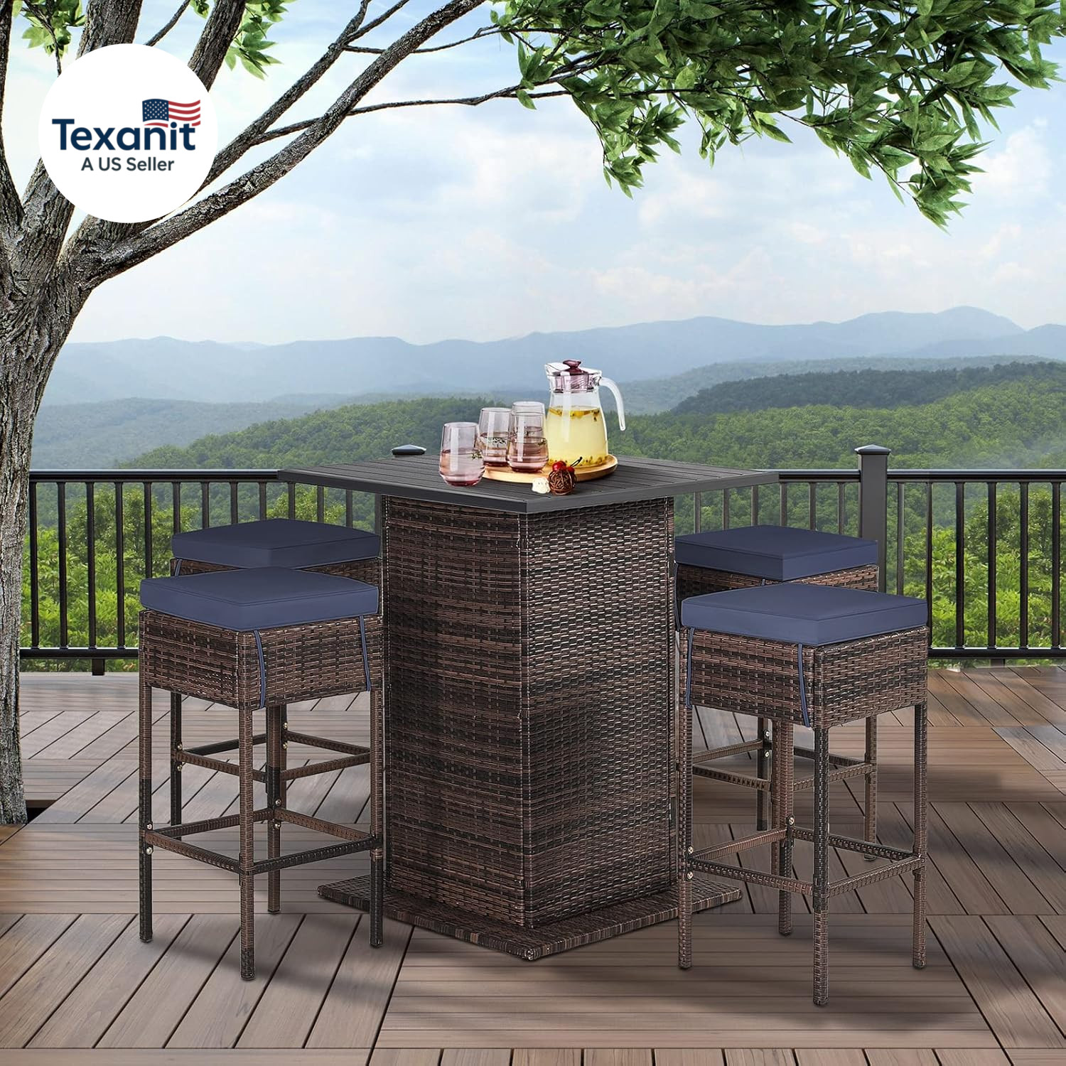 5-Piece Outdoor Bar Set, Wicker Rattan Bar Height Patio Set W/4 Cushion Bar Stoo