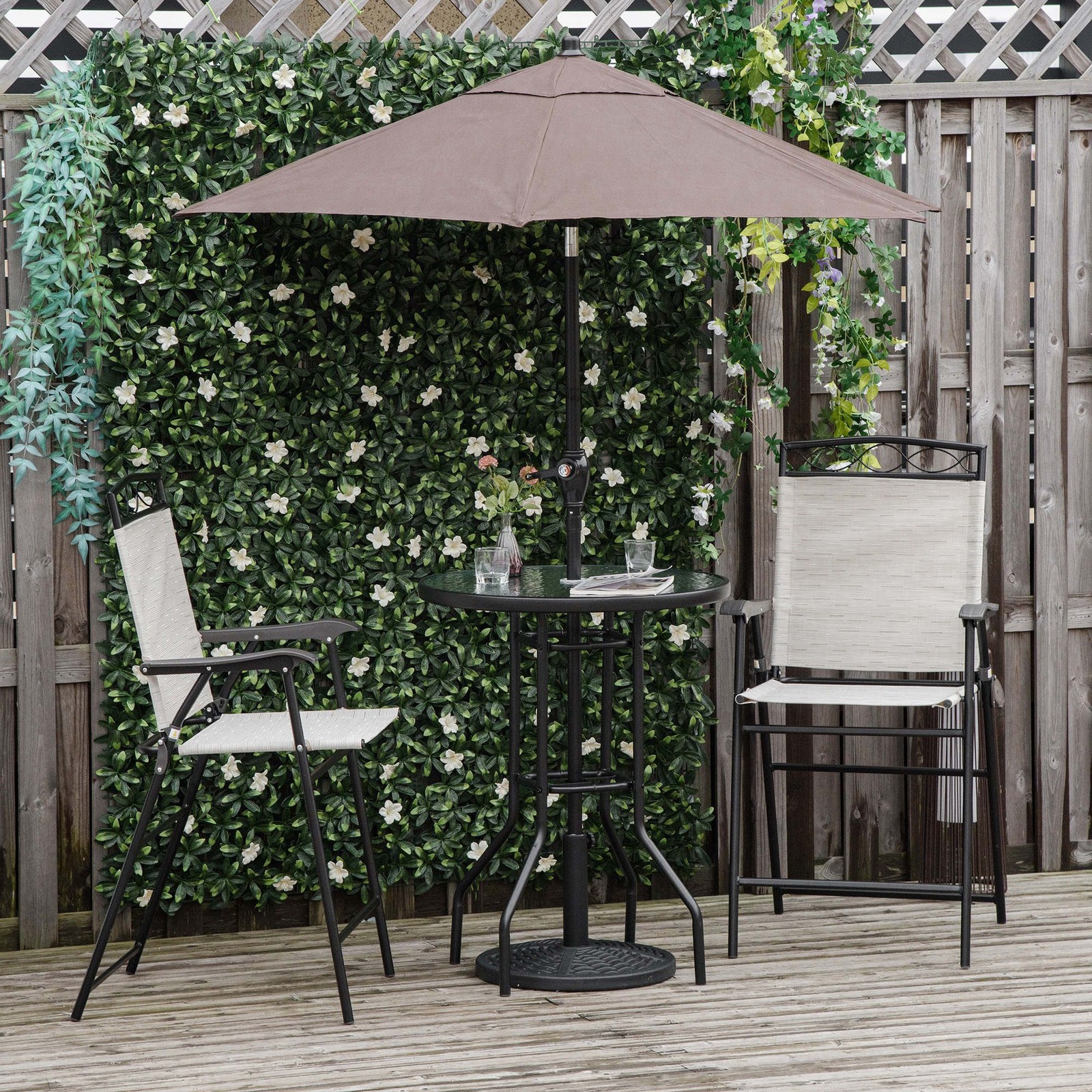 Bar Height Patio Set: 2 Fold Chairs, 27.5″ Dia Glass Table, Tilting Umbrella