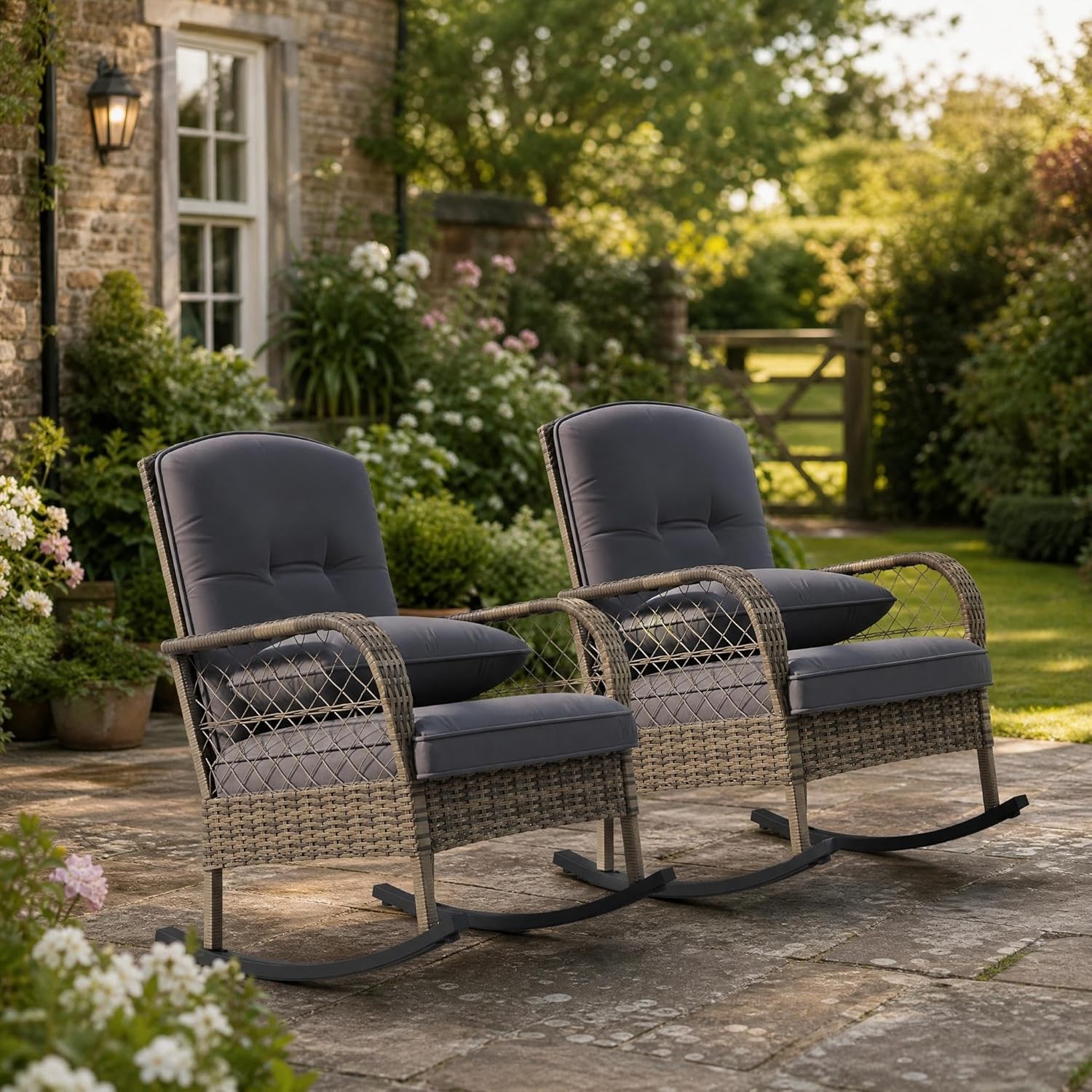 Set of 2 Garden Rocking Chair Rattan Rocker Chair for Backyard Porch Balcony