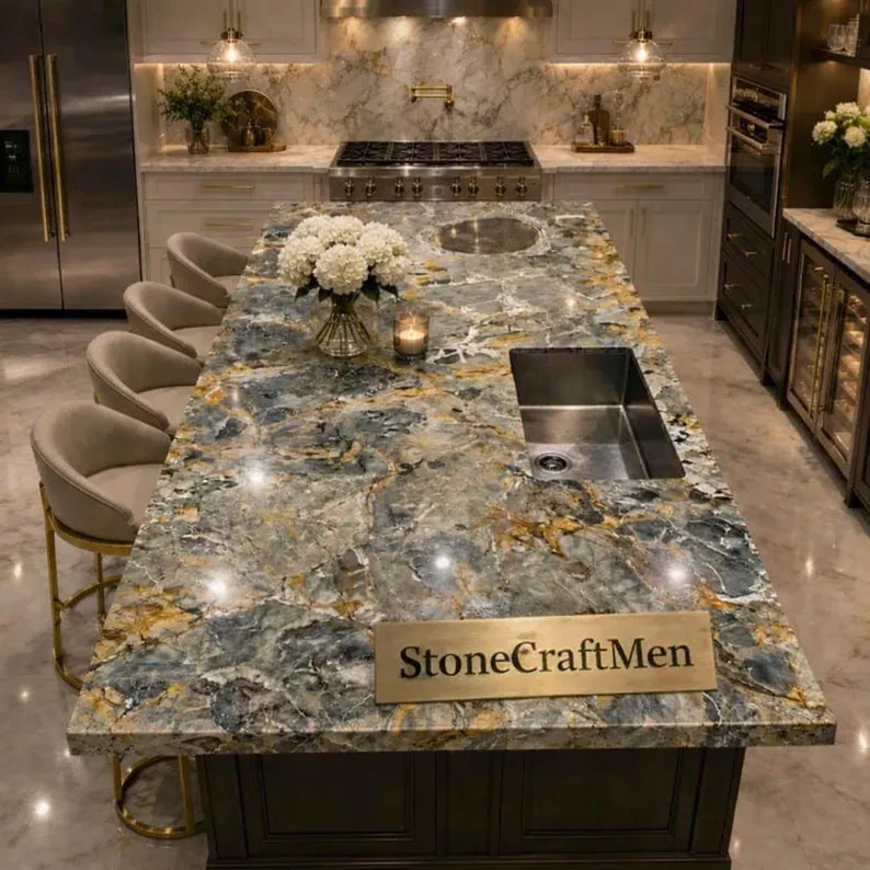 Quartzite Stone Kitchen Countertop | Natural Island Slab for Modern Kitchen