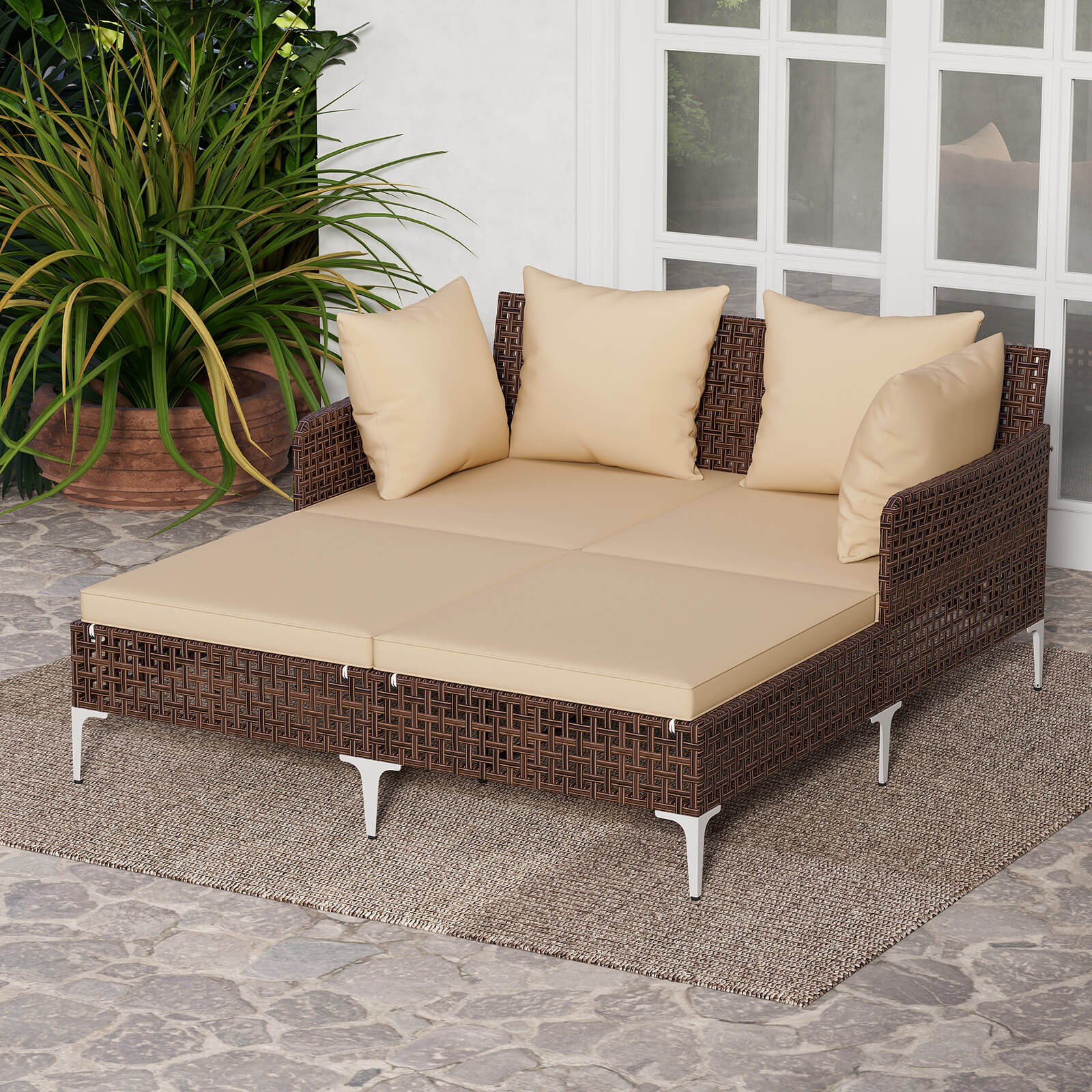 Outdoor Patio Daybed PE Rattan Sunbed with Sponged-Filled Pillows and Cushions