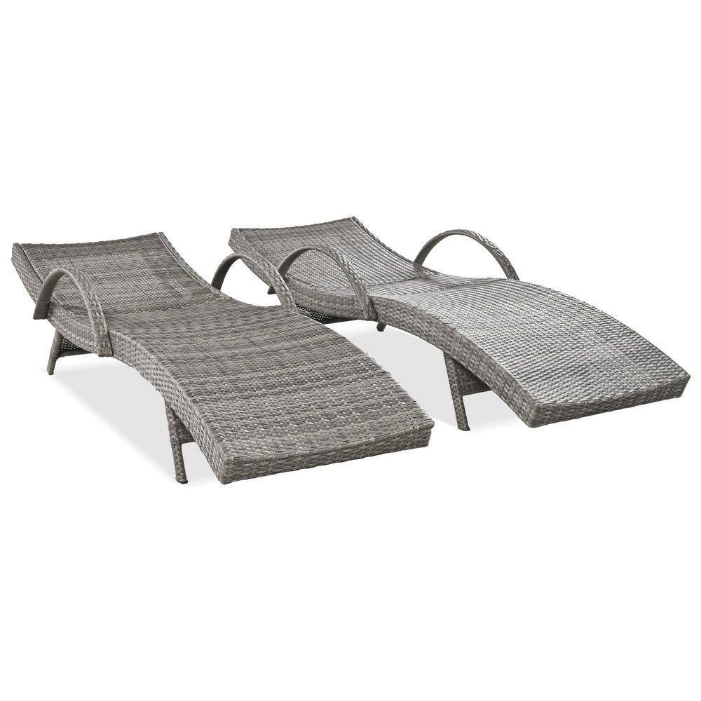 2-Piece Grey Wicker Outdoor Chaise Lounges with Pull-Out Side Table and Adjustab