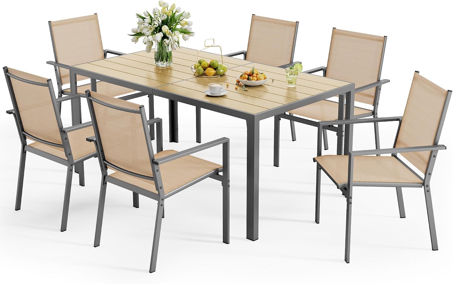 Patio Table & Chairs Set 6 Outdoor Dining Set Includes 59.5″ Rectangle Patio