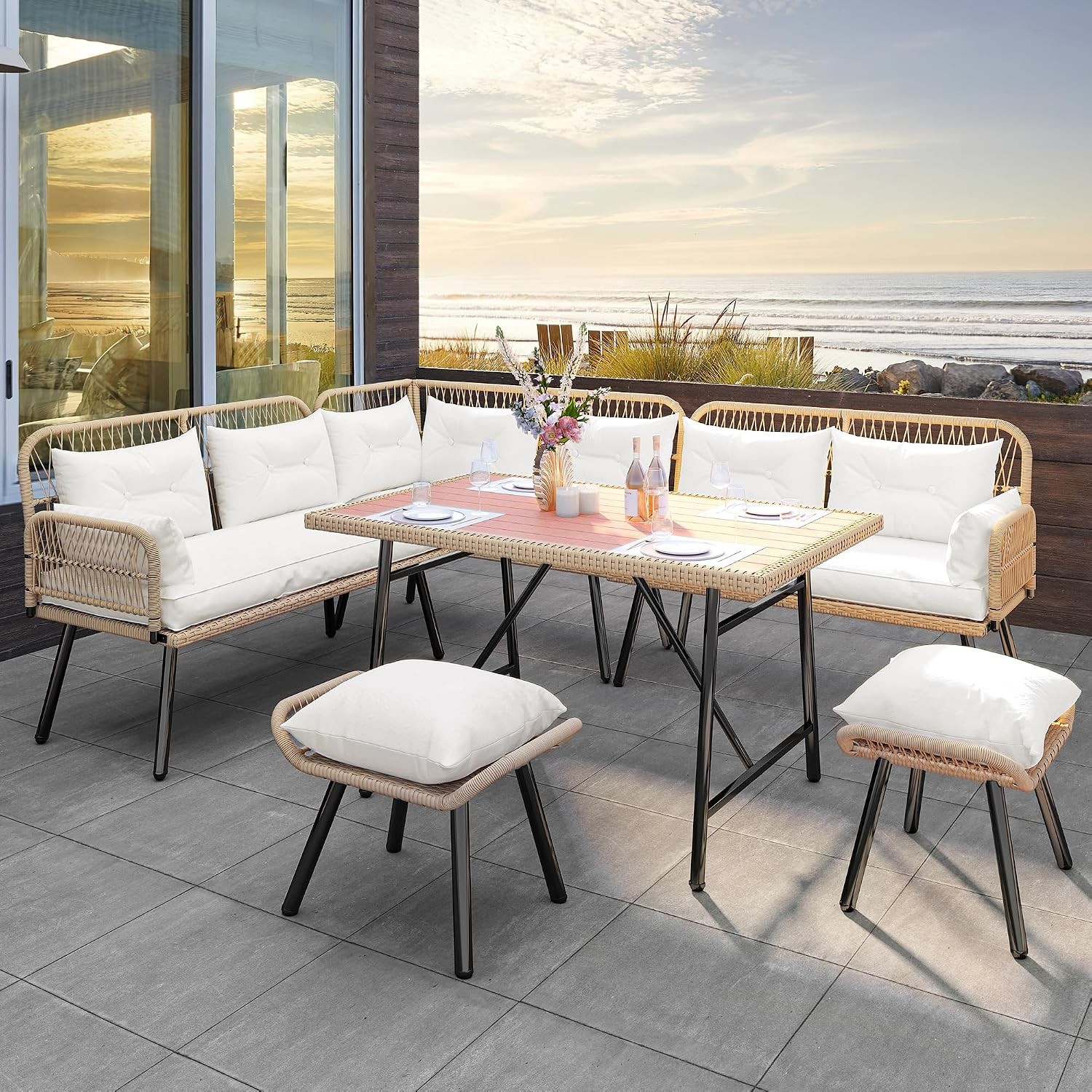 Outdoor Wicker Sofa Set YITAHOME L-Shape Light Brown Beige