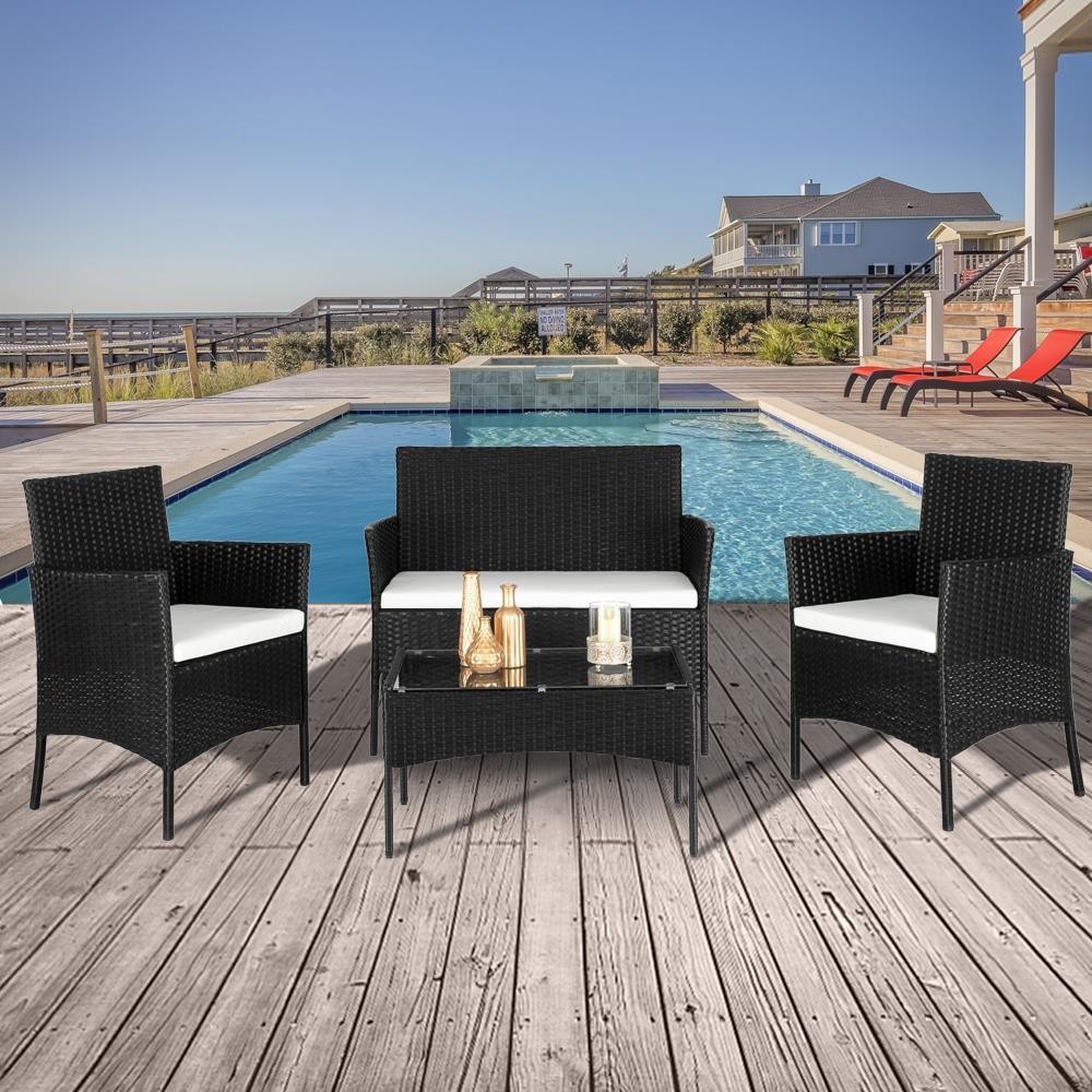 4 PCS Livingroom Patio Rattan Black Wicker Table Sofa Furniture Set with Cushion