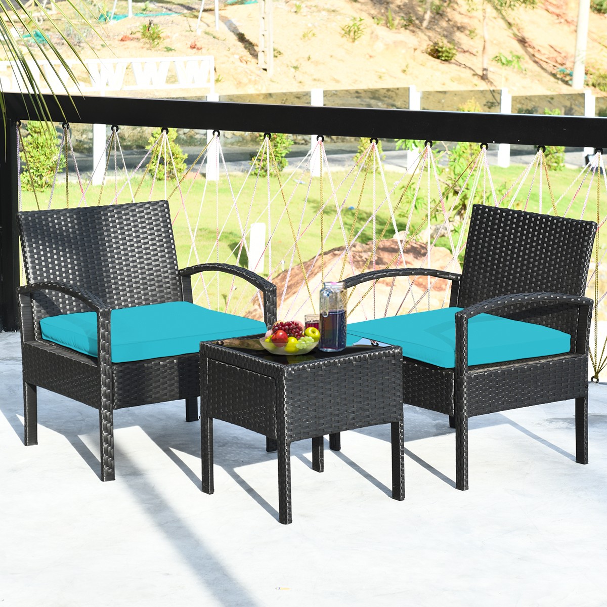 Patiojoy 3PCS Patio Rattan Furniture Set Conversation Sofa Cushioned Turquoise