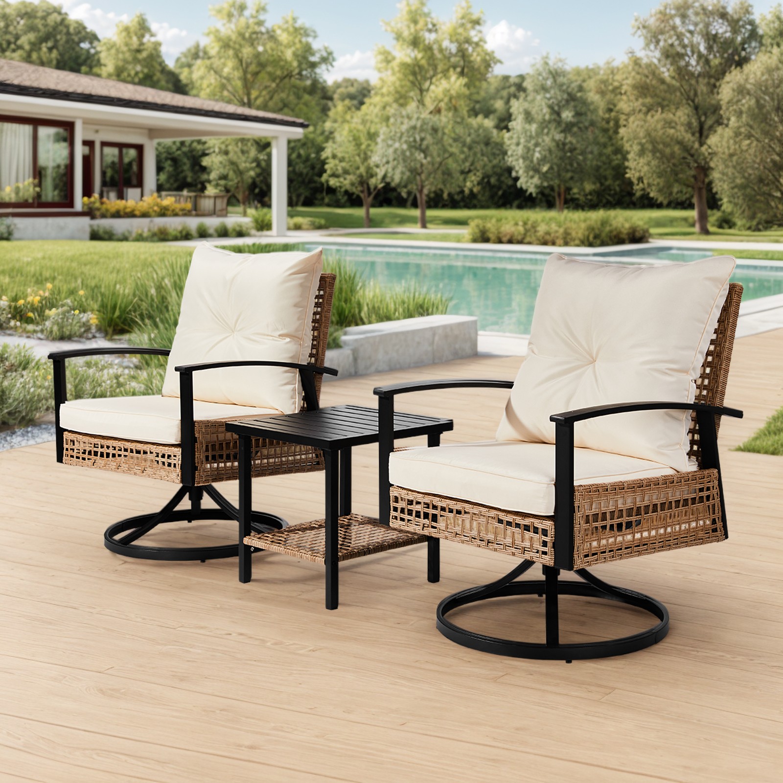 Set of 3 In/Outdoor Garden Swivel Rocker Patio Chair and Table 360Degrees Yellow