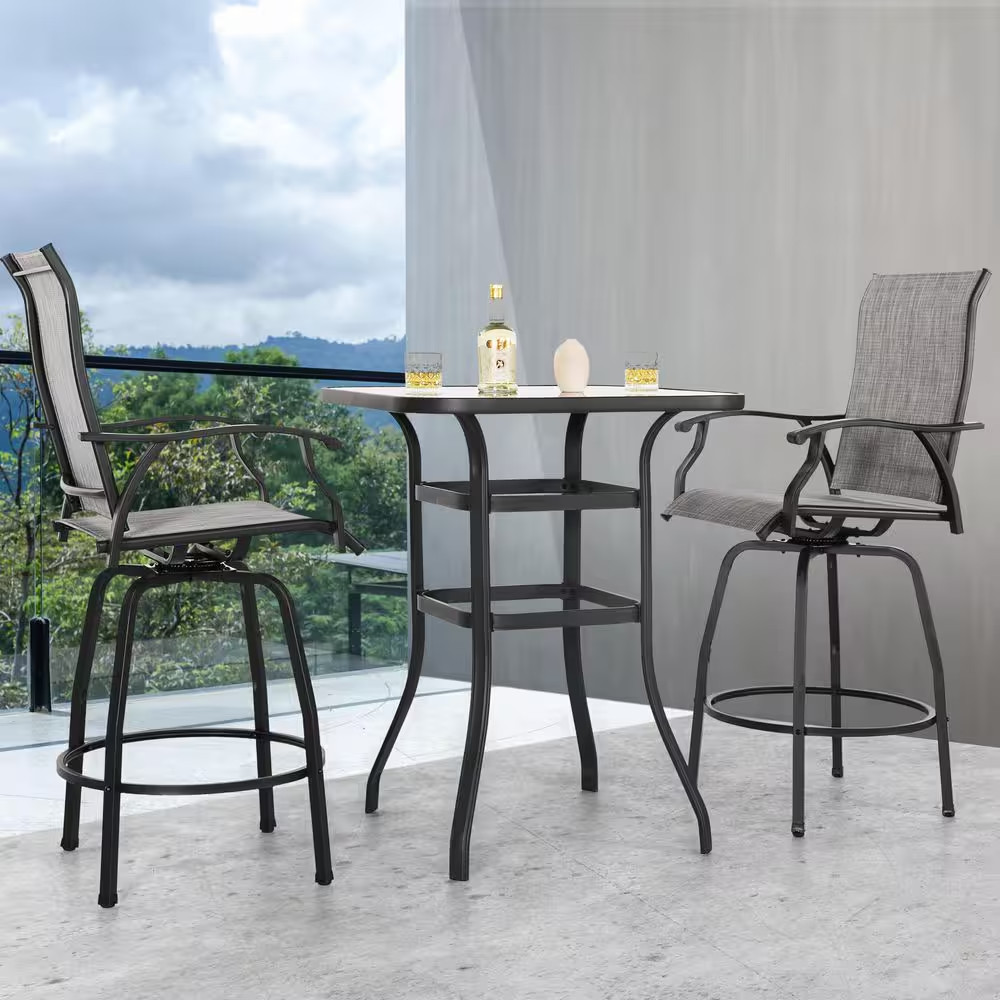 Black 3-Piece Metal and Textilene Outdoor Patio Bar Set with Swivel Bar Stools