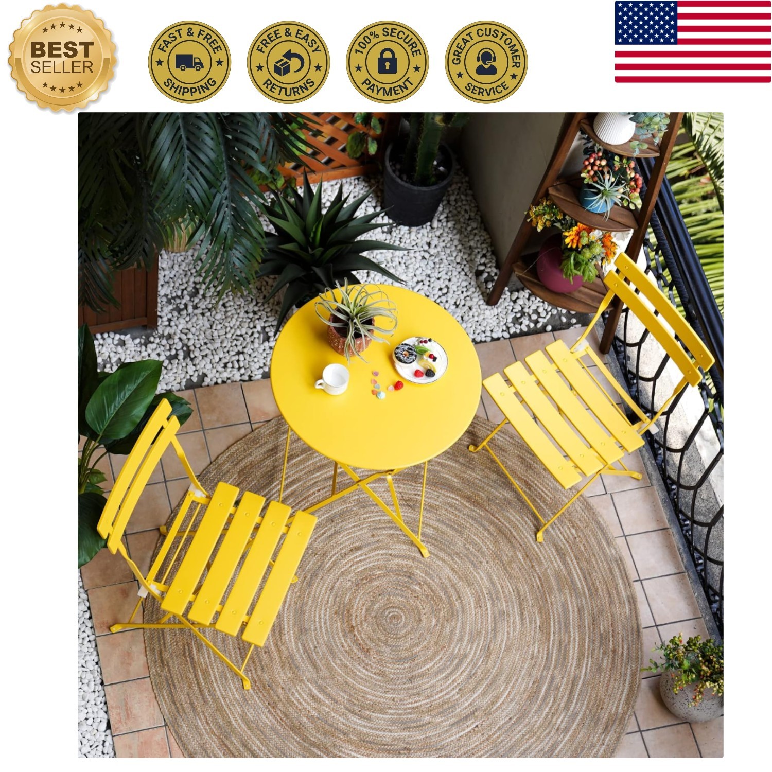 Fully Assembled 3-Piece Yellow Folding Bistro Set for Elegant Outdoor Living