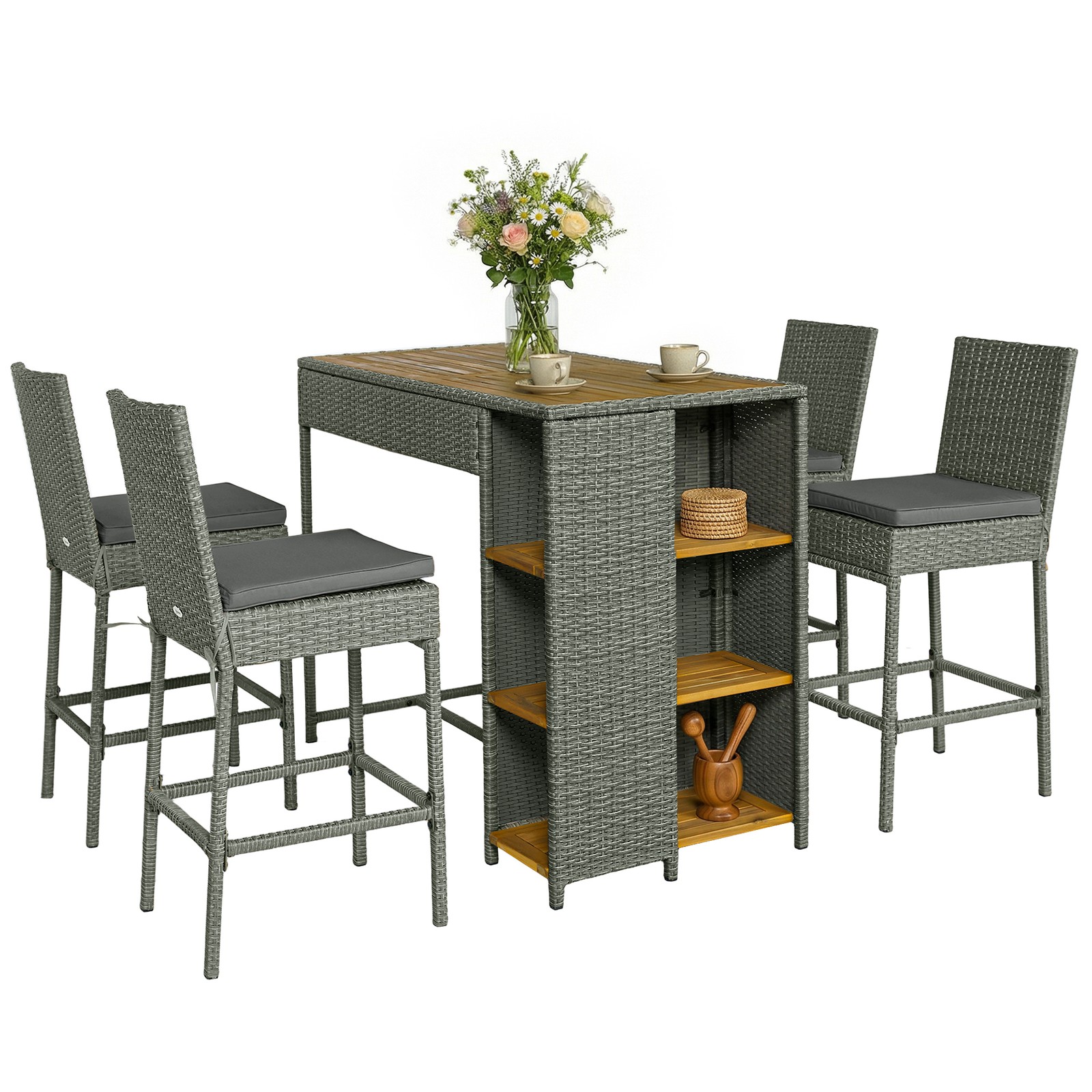 Outdoor Bar Set, 3 Tier Bar Height Patio Table and Chairs, Gray