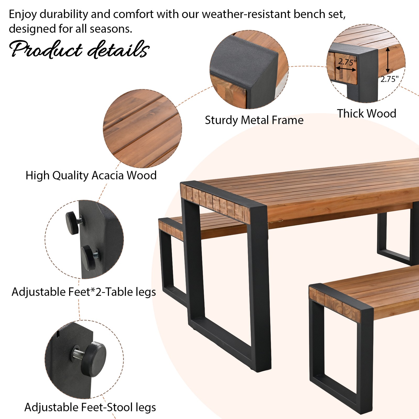 3-Piece Outdoor Dining Table Set with 2 Benches, Acacia Wood Top & Steel Frame