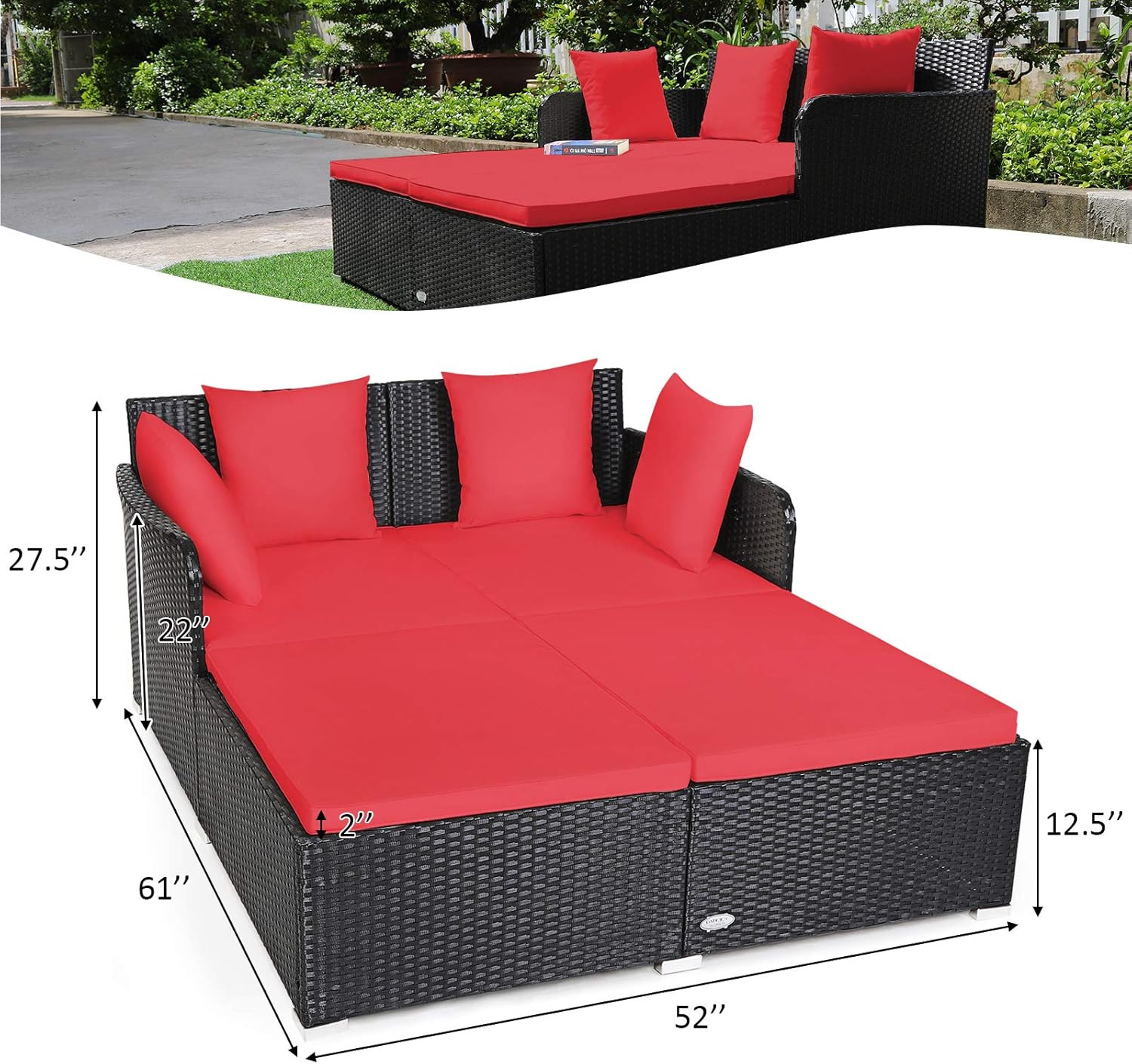Red Outdoor Rattan Daybed Sofa with Cushions & 4 Pillows for Patio Relaxation