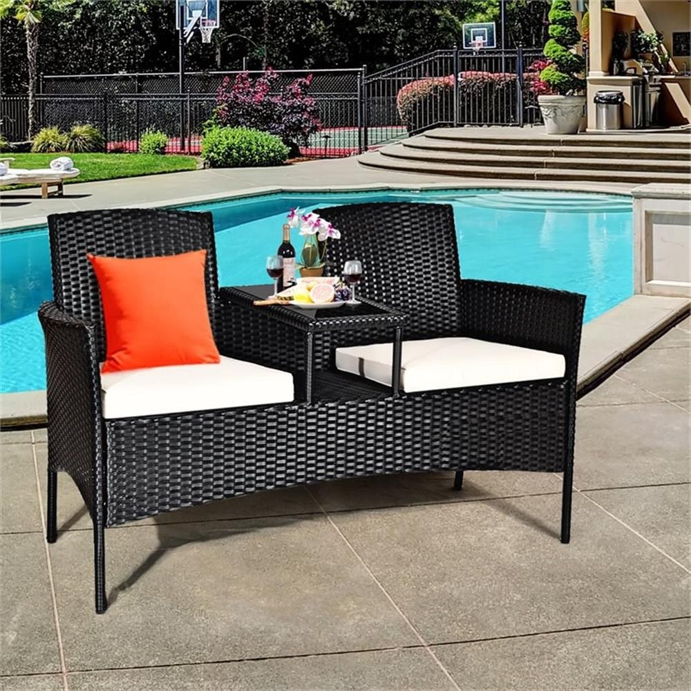 Pemberly Row Rattan and Metal Cushioned Seat Patio Conversation Set in Black