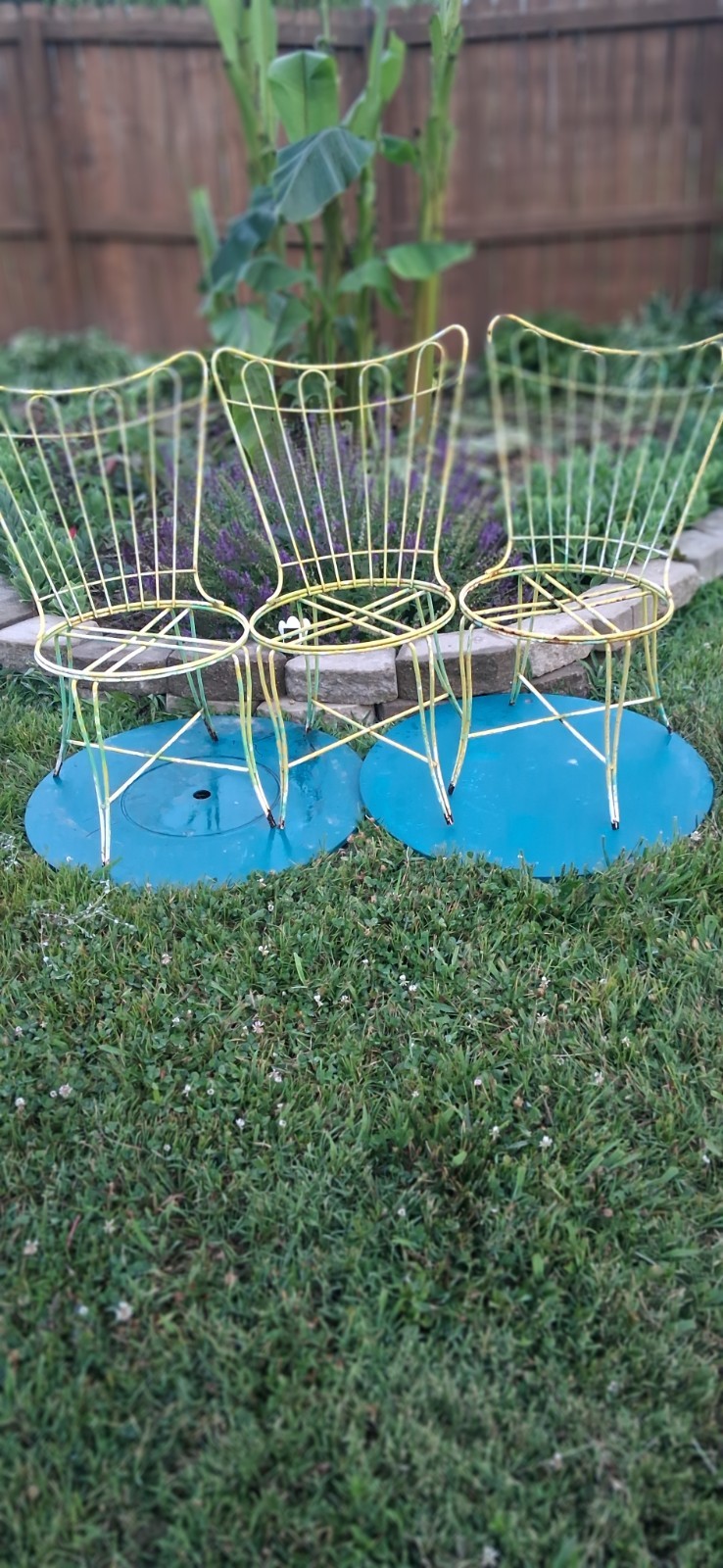 Yellow Metal Wire Patio Bistro Set 3-Piece Round Table + 2 Chairs Backrest