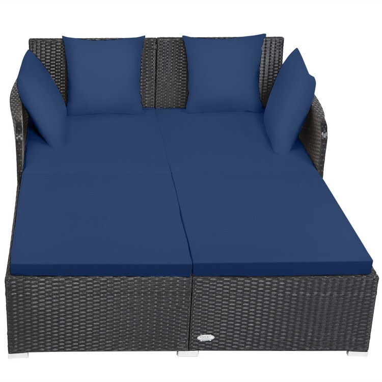 Outdoor Patio Rattan Daybed Wicker Sofa Deck Furniture w/Cushions & Pillows Navy