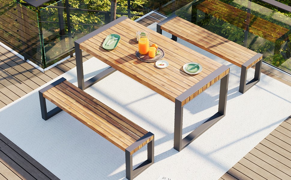 3-Piece Outdoor Dining Table Set with 2 Benches, Acacia Wood Top & Steel Frame