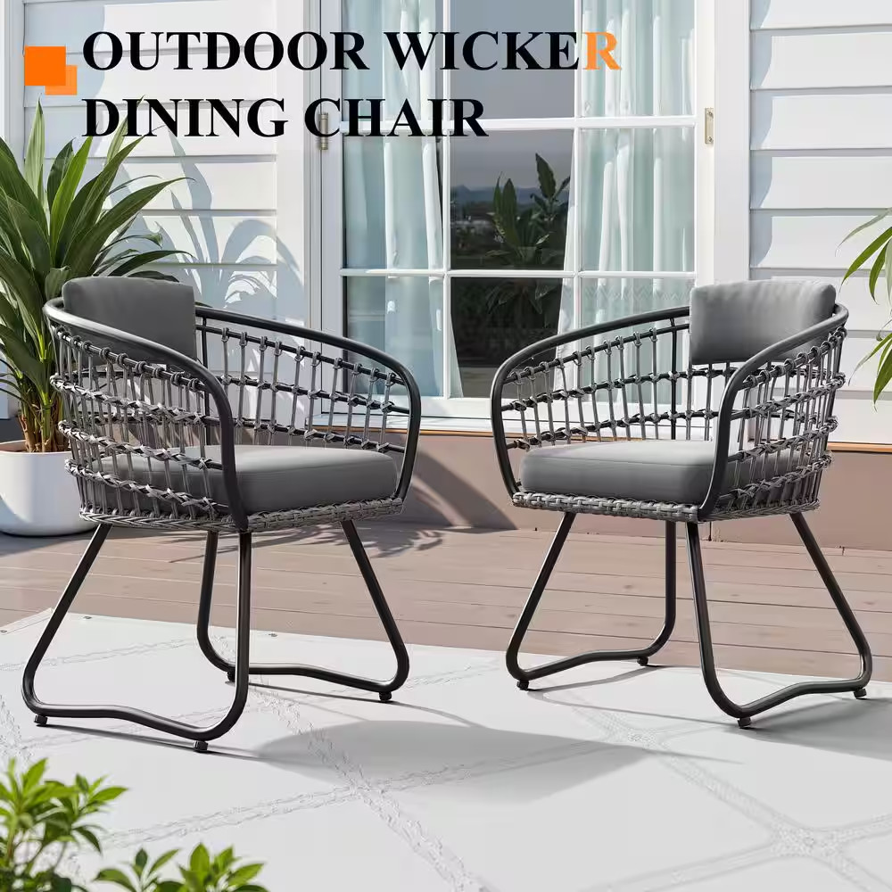 PE Rattan Wicker Dining Chairs with Cushions and Backrest Pillows 2-Piece Outdoo