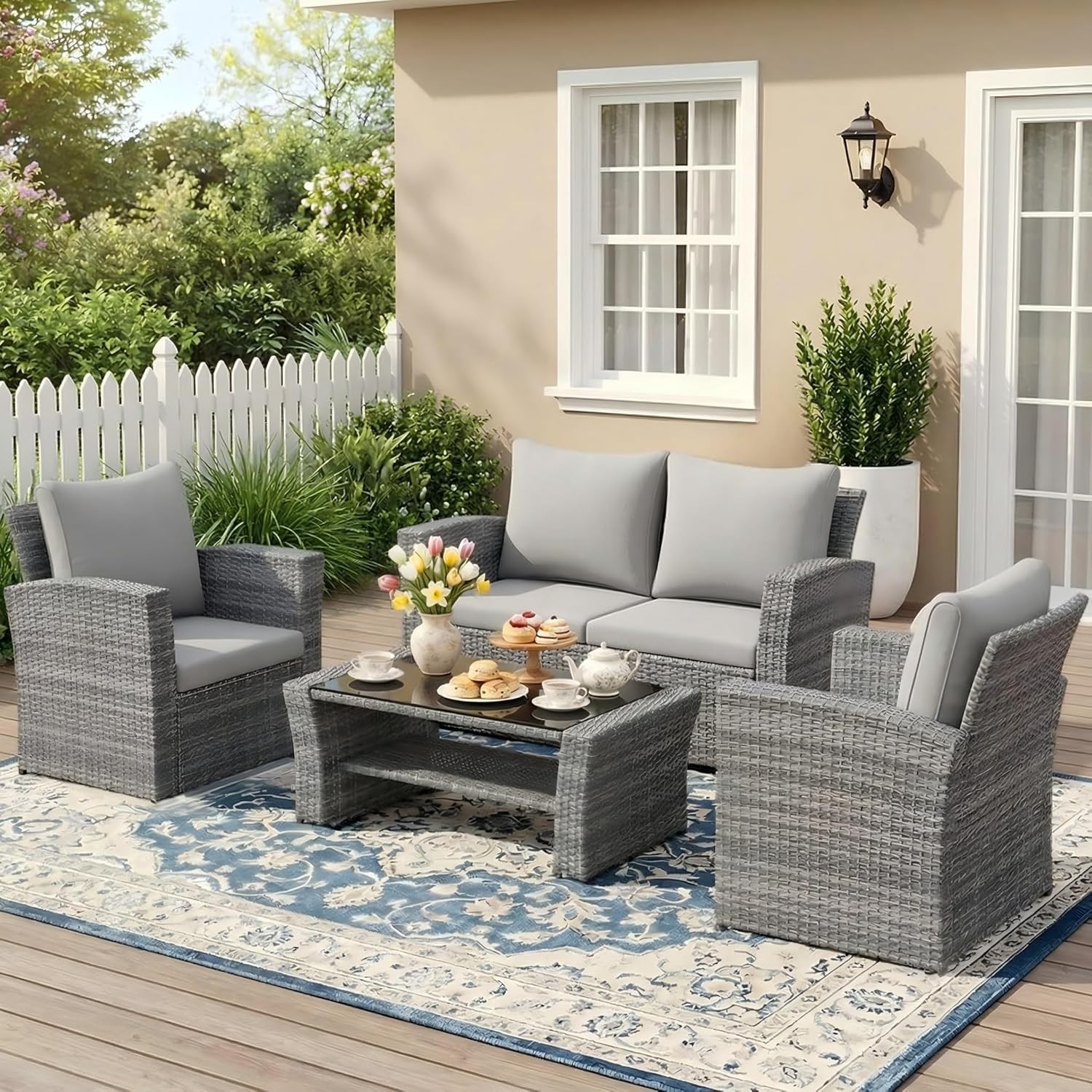 4 Piece Patio Furniture Set Wicker Outdoor Patio Conversation Furniture Set All
