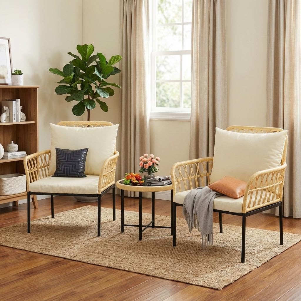 3 Pieces Patio Furniture Conversation Set with 2 Rattan Chairs Glass Coffee Tabl