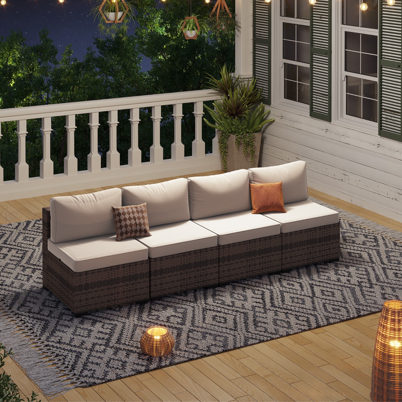 4-Piece Brown Rattan Sofa Set with Drak Gray Cushions