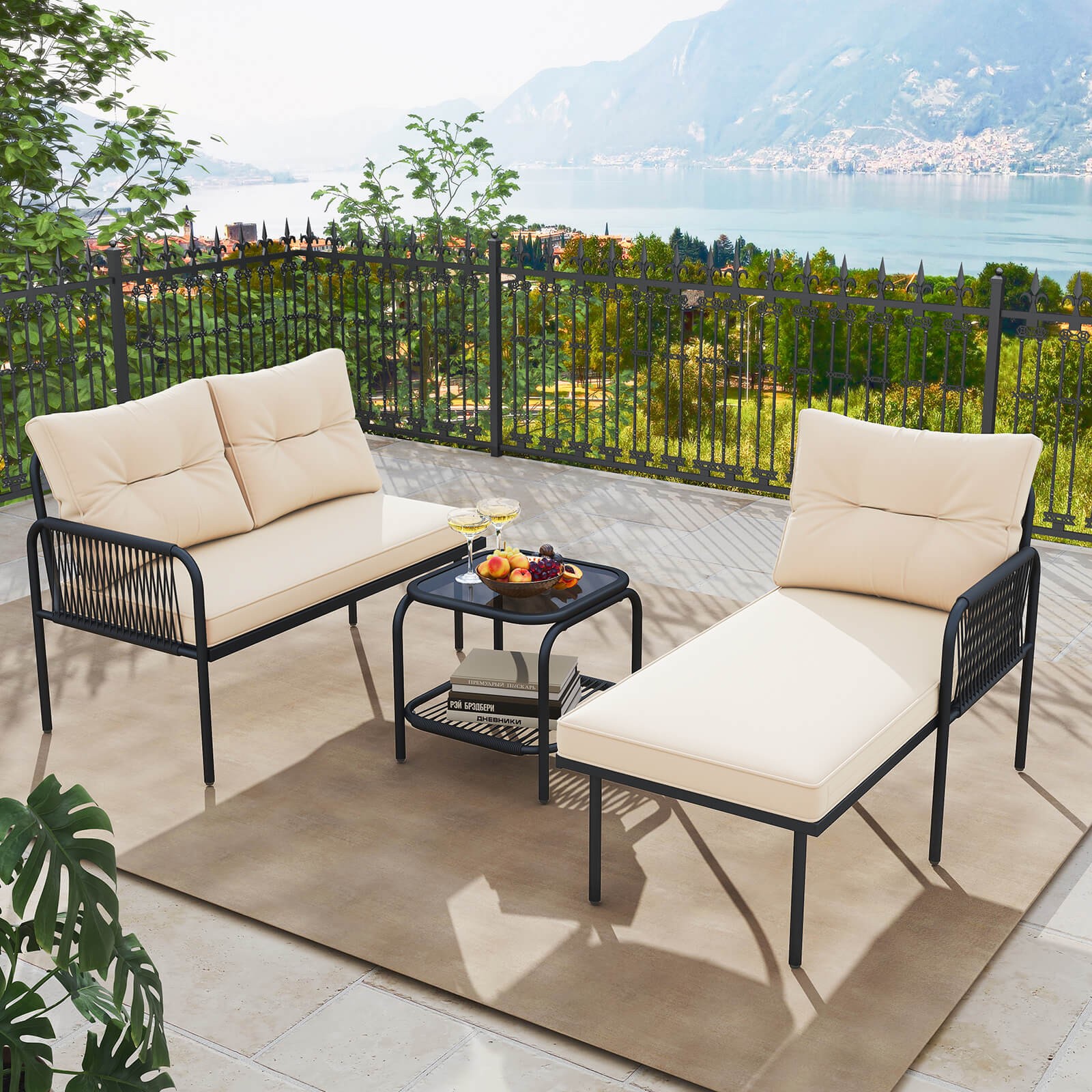 3-Piece L Shaped Patio Furniture Set w/Tempered Glass Table Back & Seat Cushions