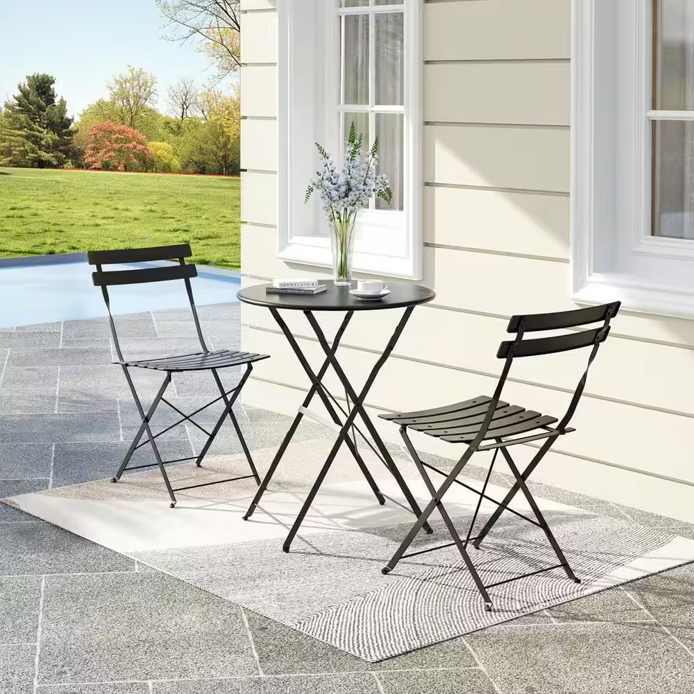 3 Piece Black Metal Patio Bistro Set with Folding Table and 2 Chairs for Backyar