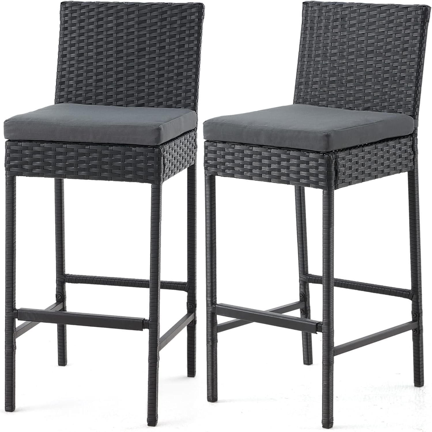 Outdoor Wicker Bar Stools Set of 2 Rattan Counter Height Barstools with Cushion