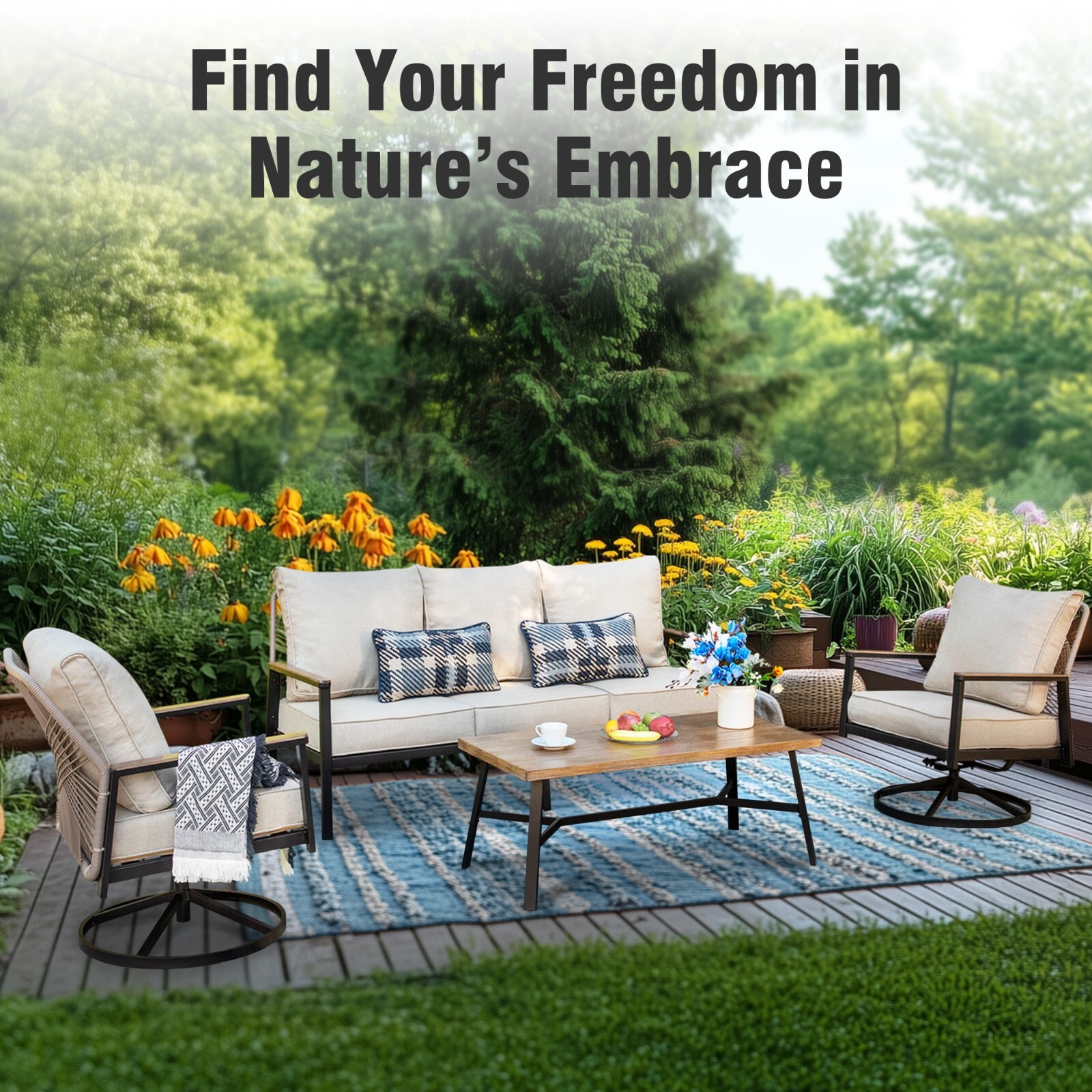 4 Pcs Patio Furniture Set Outdoor Wicker Conversation Set Sofa with Coffee Table