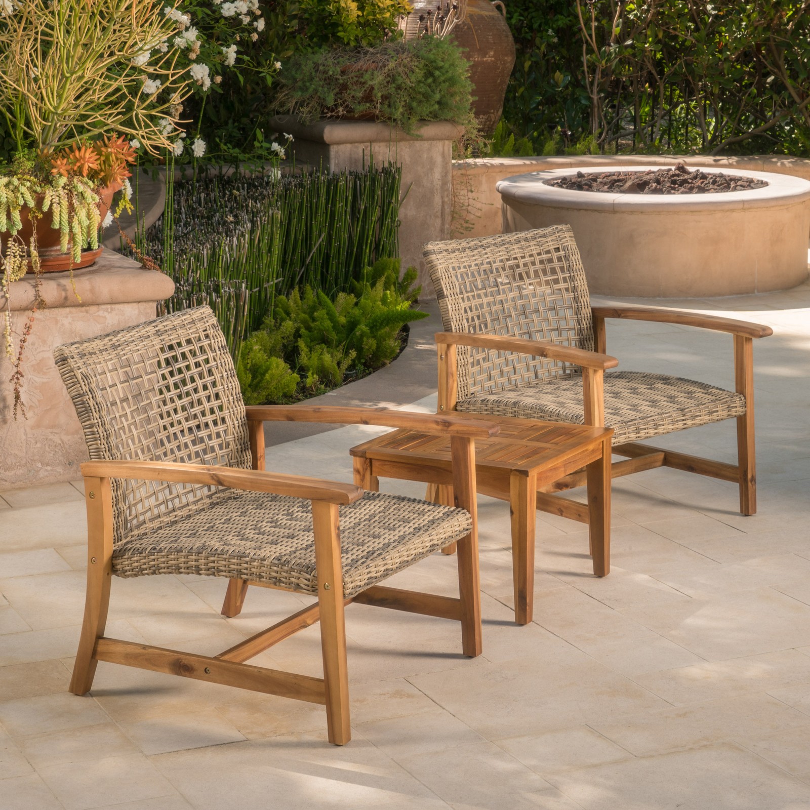 Acacia Wood Wicker Club Chairs, 2-Piece Set, Natural Grey