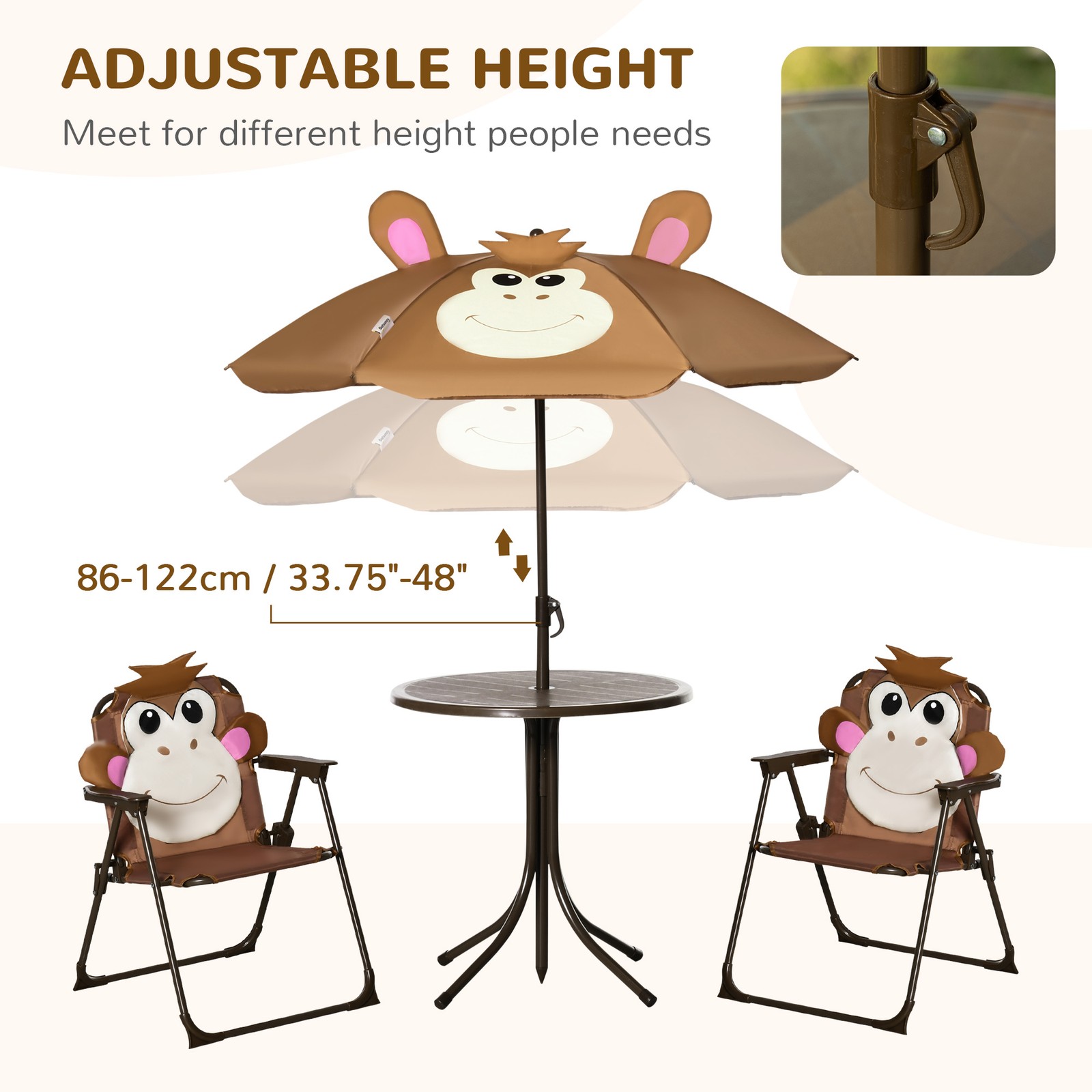 Kids Folding Picnic Table and Chair Set, W/ Adjustable Umbrella, Brown