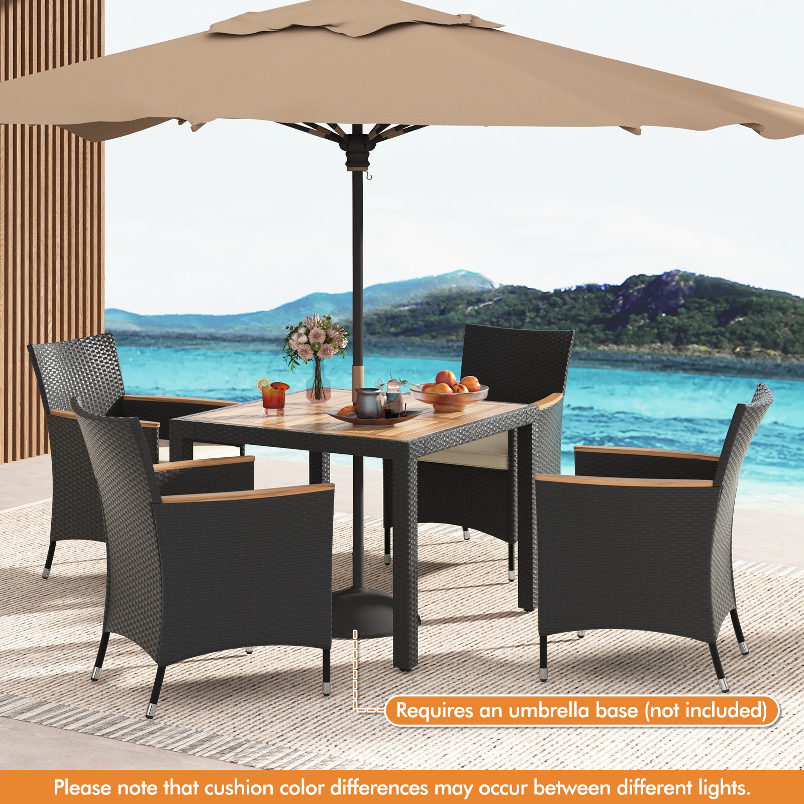 5 PCS Patio Dining Table Set for 4 Rattan Conversation Set with Umbrella Hole