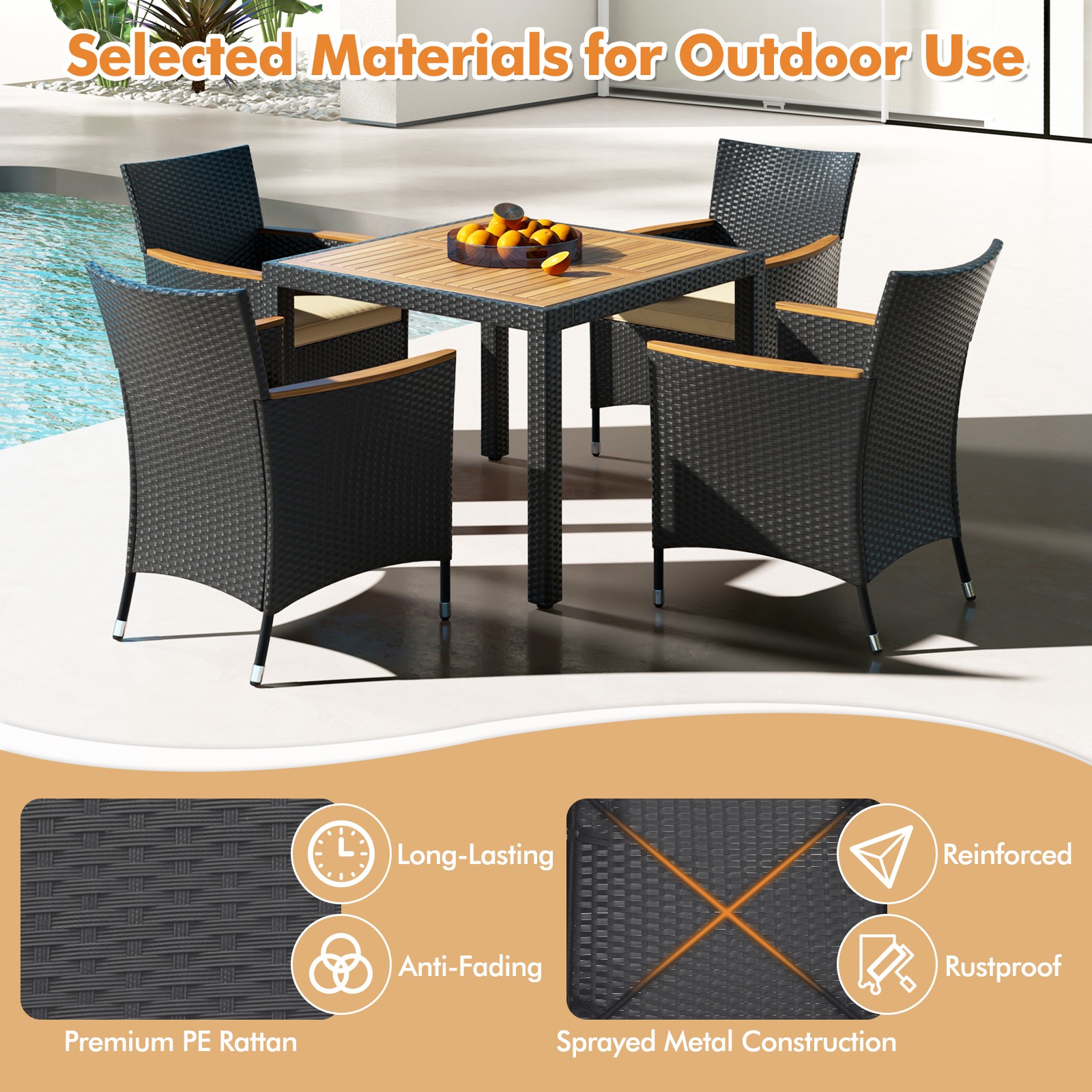 5 PCS Patio Dining Table Set for 4 Rattan Conversation Set with Umbrella Hole