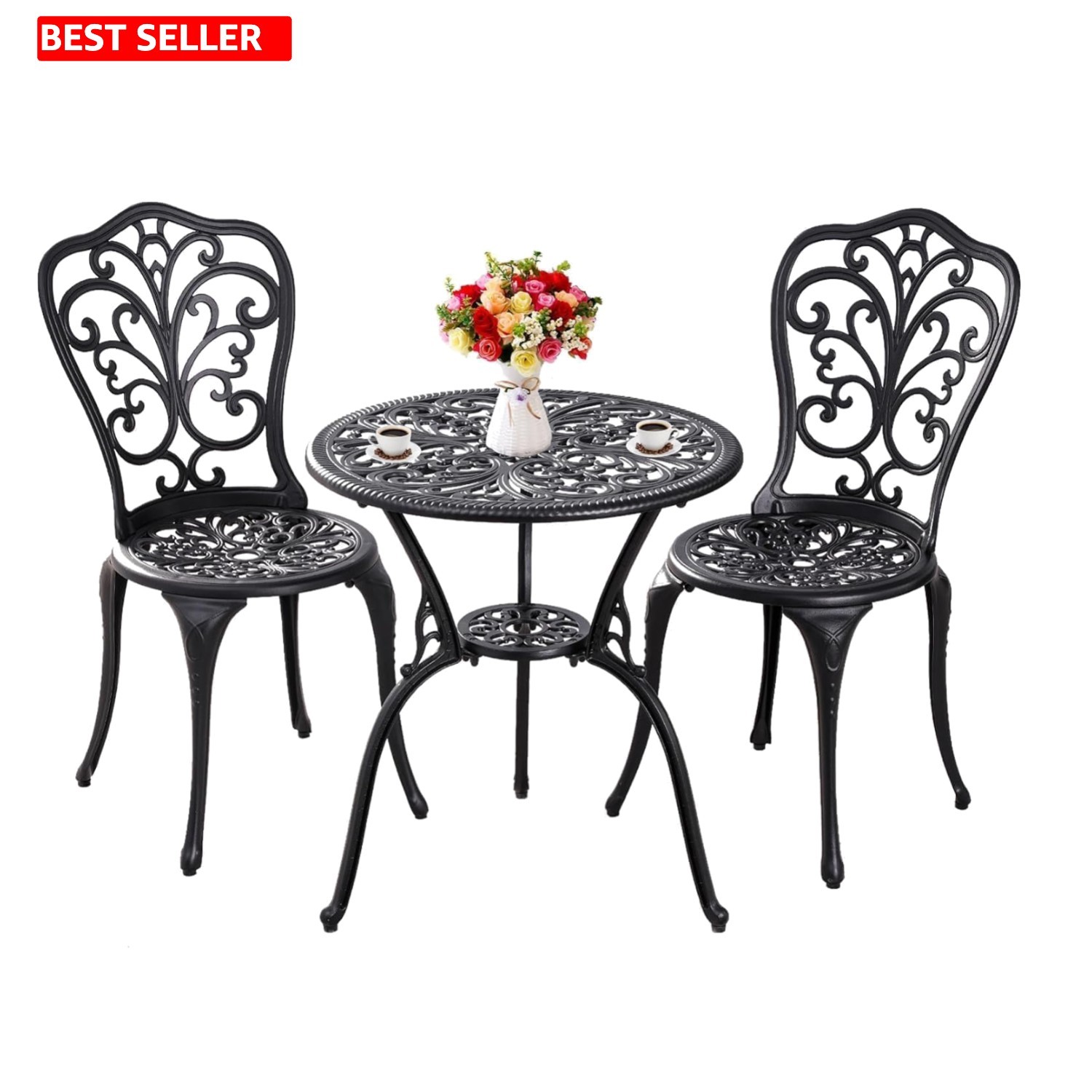 3-Piece Patio Bistro Set – Black Cast Aluminum Table & Chairs for Small Spaces