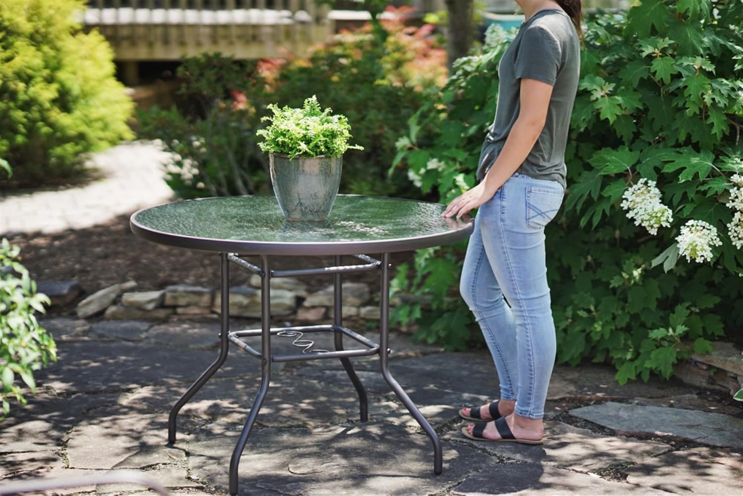 40in Outdoor Patio Dining Table Water Wave Glass Top Steel Frame Brown