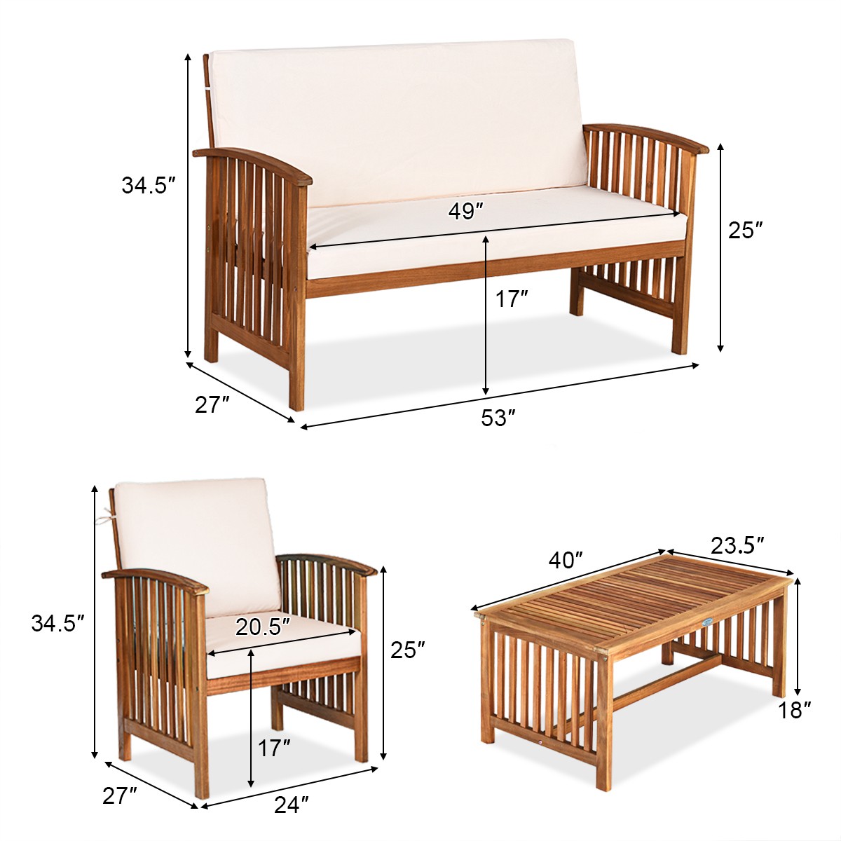 Patio 4PCS Solid Wood Furniture Set Conversation Chairs Table W/White Cushion