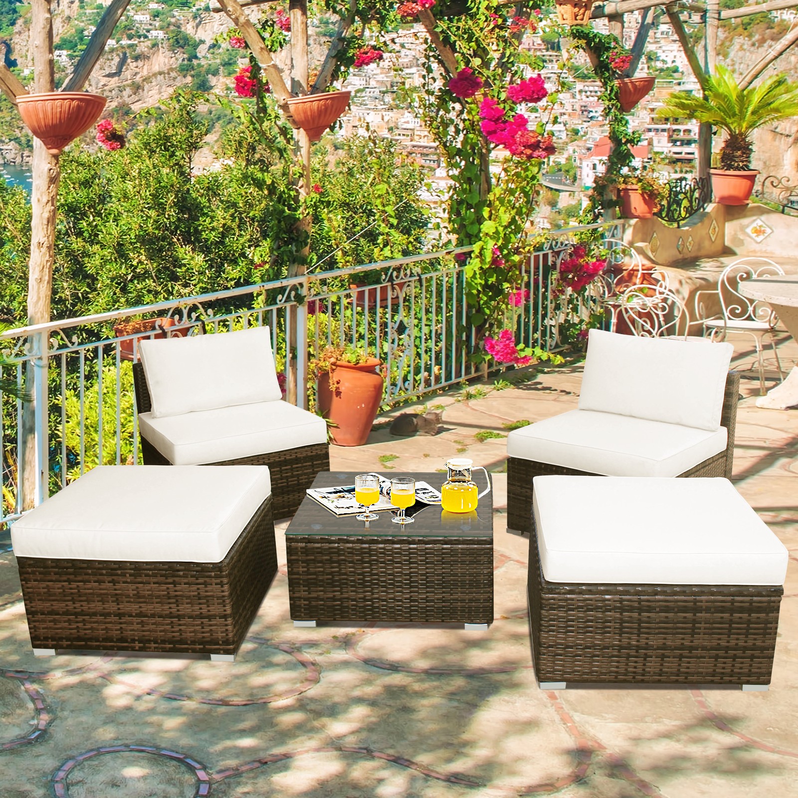 Topbuy 5 PCS Outdoor Rattan Wicker Sofa Set Lounge Chair W/ Turquoise Cushions