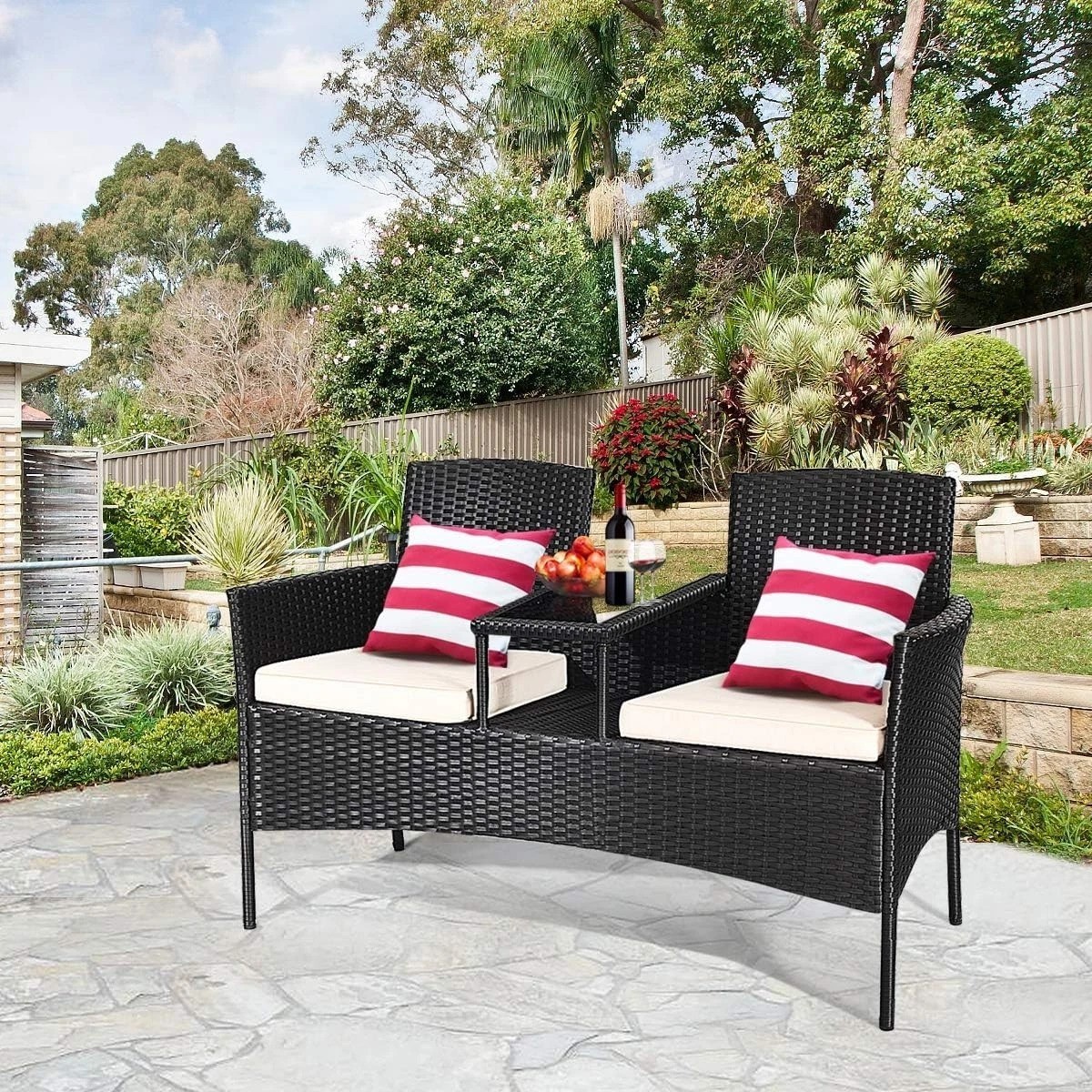 Modern Wicker Patio Conversation Set with Removable Cushions & Glass Table