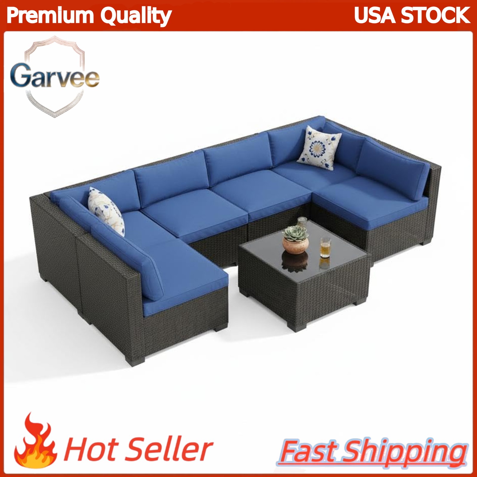 7-Piece Sectional Sofa Set Rattan Wicker with Cushions, Steel Frame for Poolside