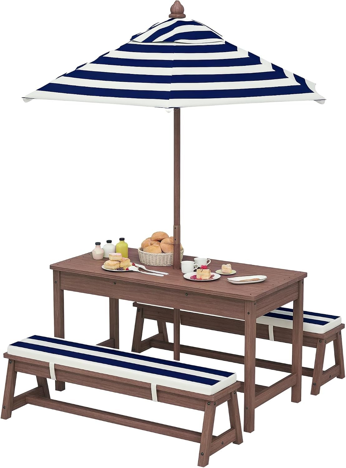 Kids Picnic Table Outdoor Wooden Table & Bench Set W/ Cushions & Umbrella