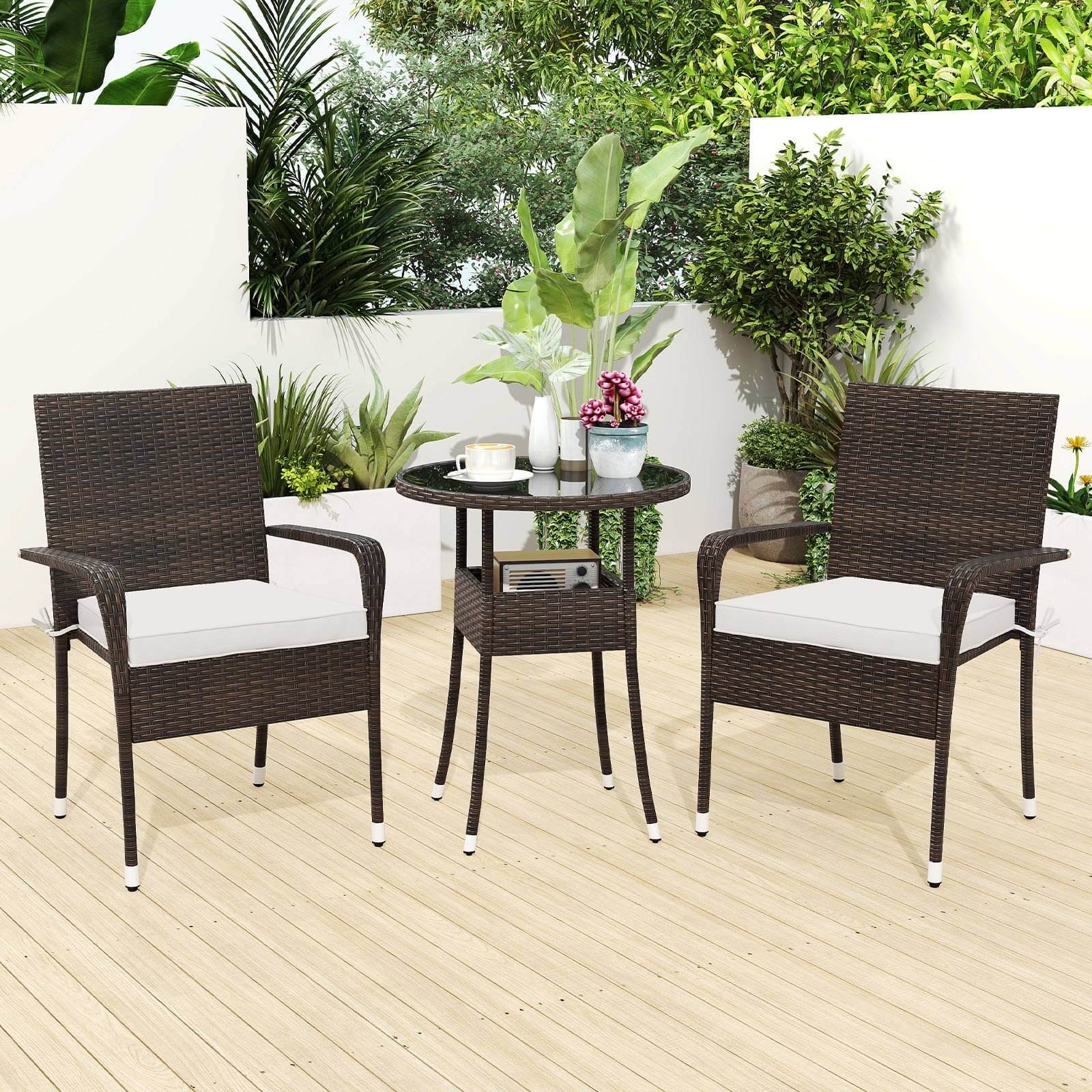 3-Piece Patio Furniture Set with Tempered Glass Top Table and Soft Cushions