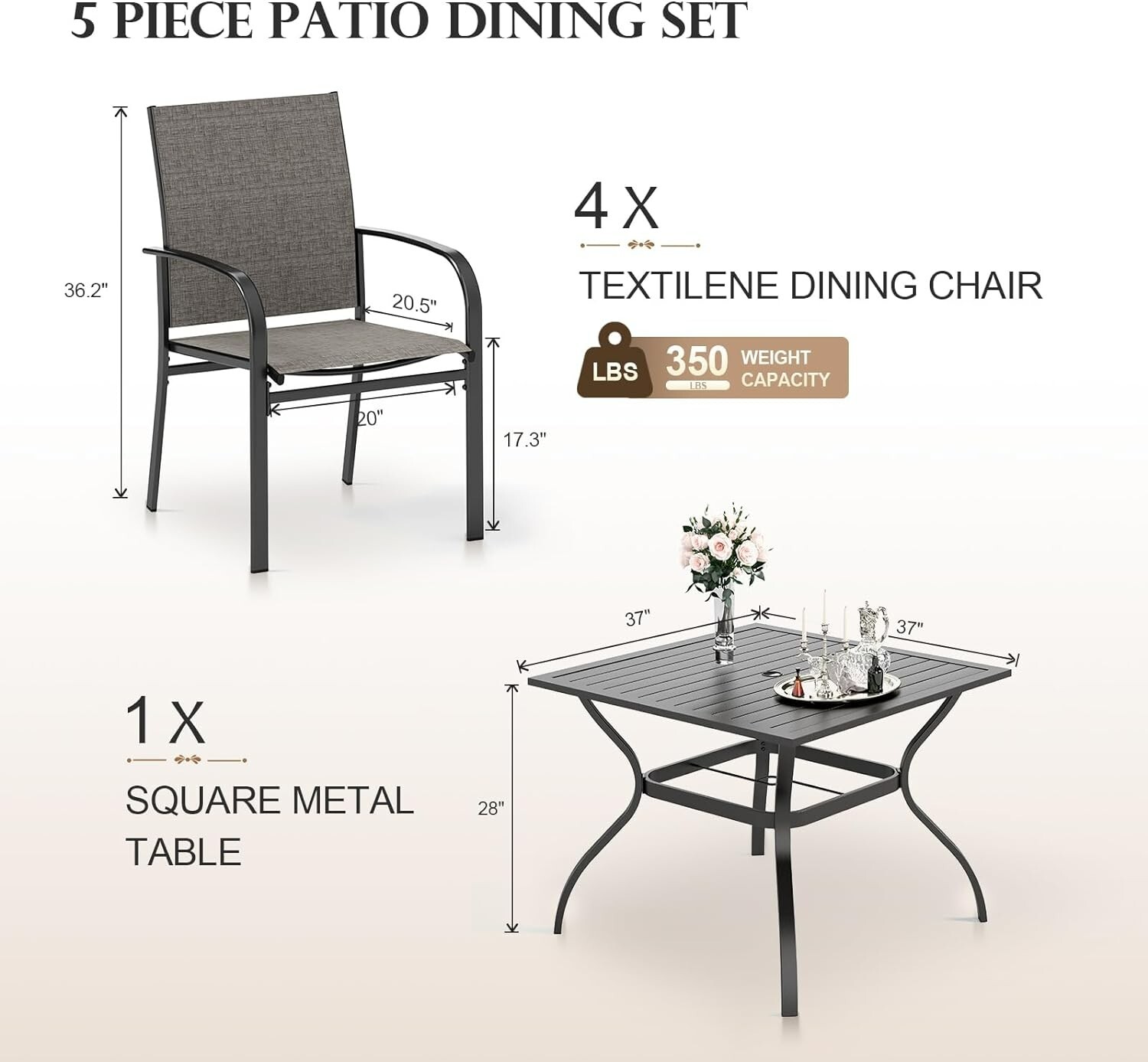 5 Piece Patio Dining Set Outdoor Table and Chairs Set of 4 for Garden Backyard