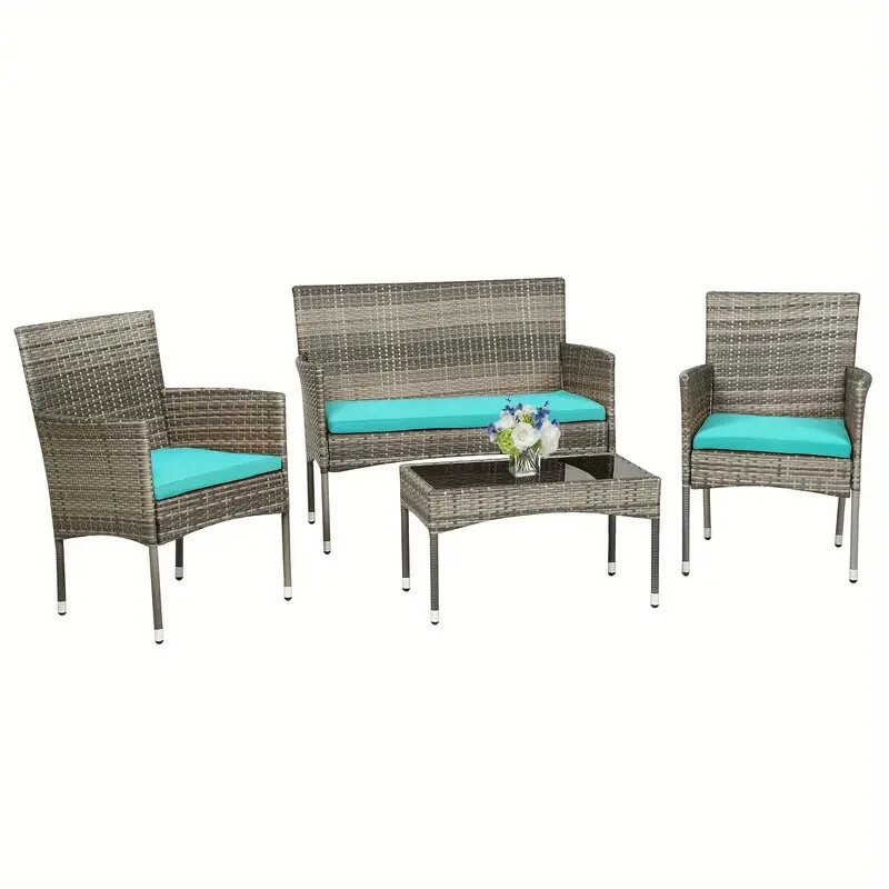 4 Piece Outdoor Wicker Patio, PE Rattan Wicker Chairs w/Table Furniture set
