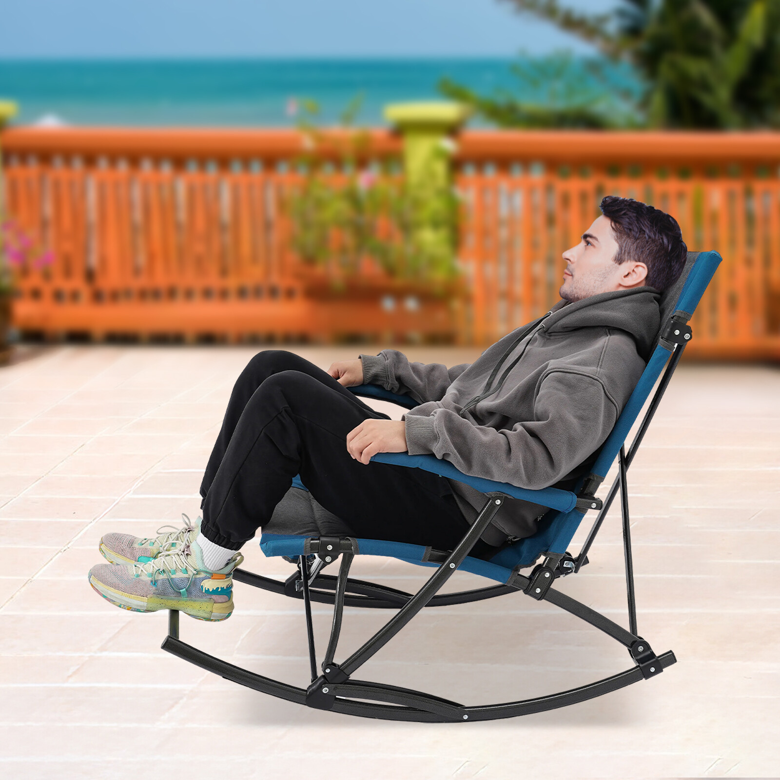 Folding Rocking Camping Chair Steel Frame Oxford Mesh Back Cup Holder 330 lb