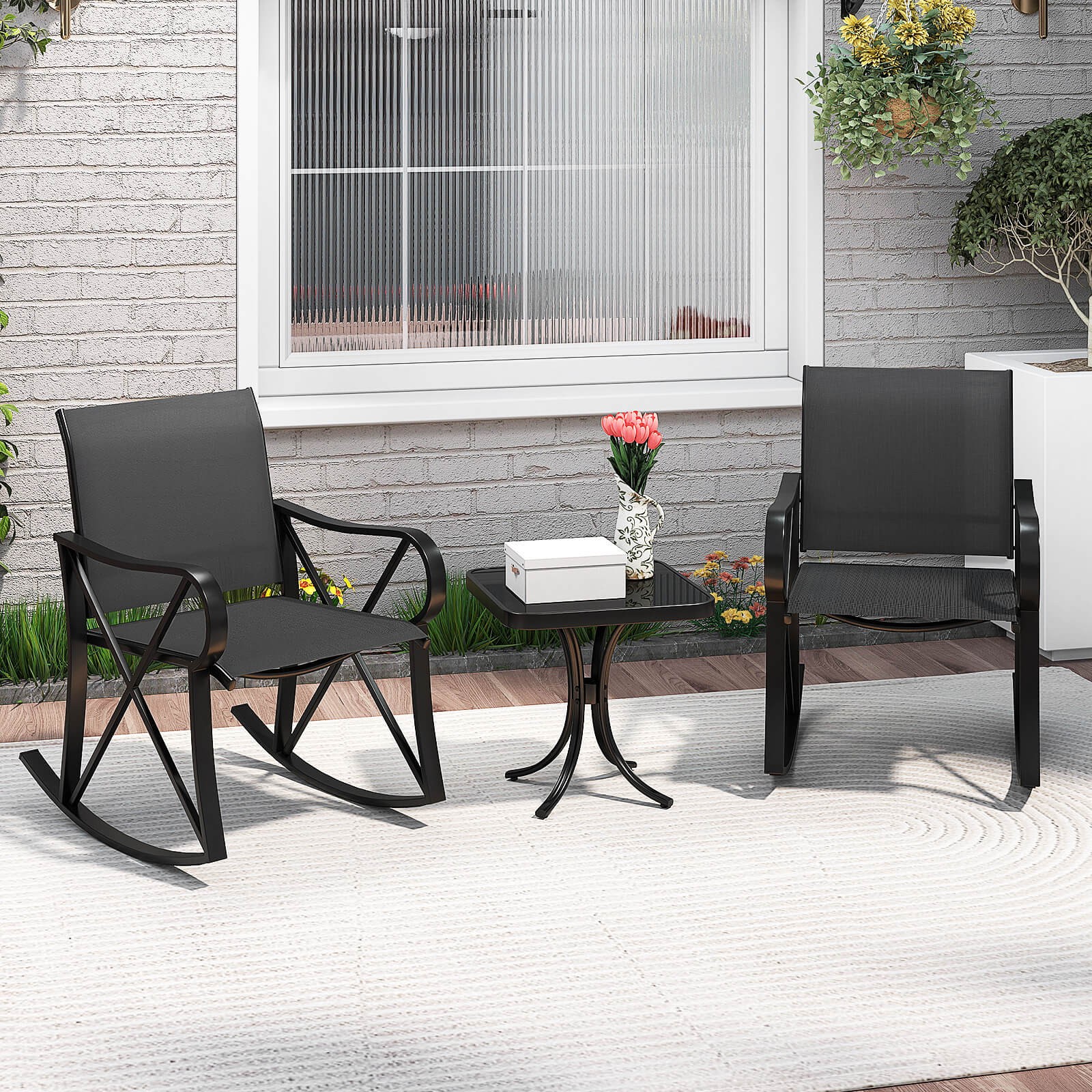 3 Piece Patio Rocking Set 2 Rocking Chairs w/ Tempered Glass Side Table Black