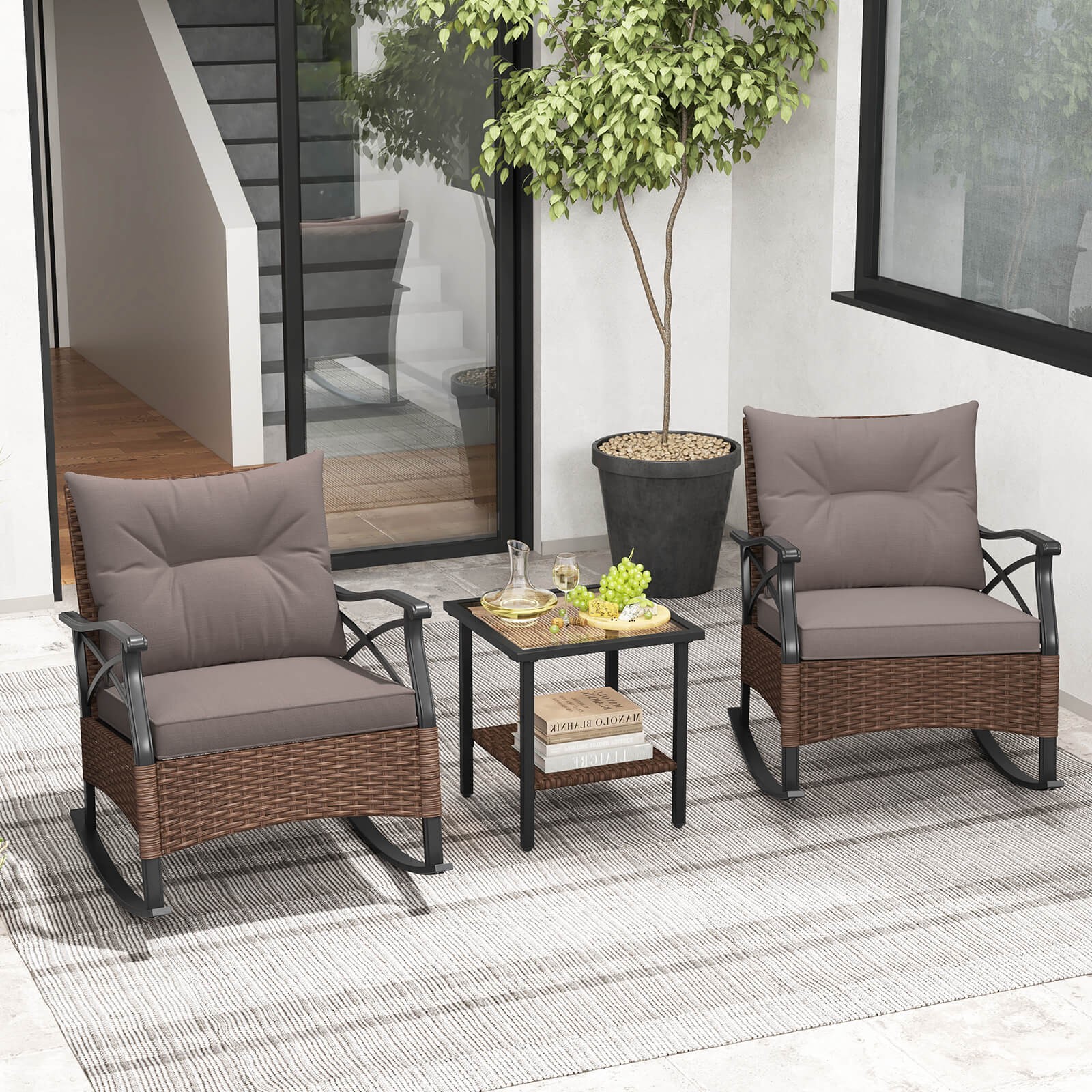 3 PCS Patio Rocker Set w/ 2-Tier Coffee Table & Soft Seat Back Cushions Outdoor